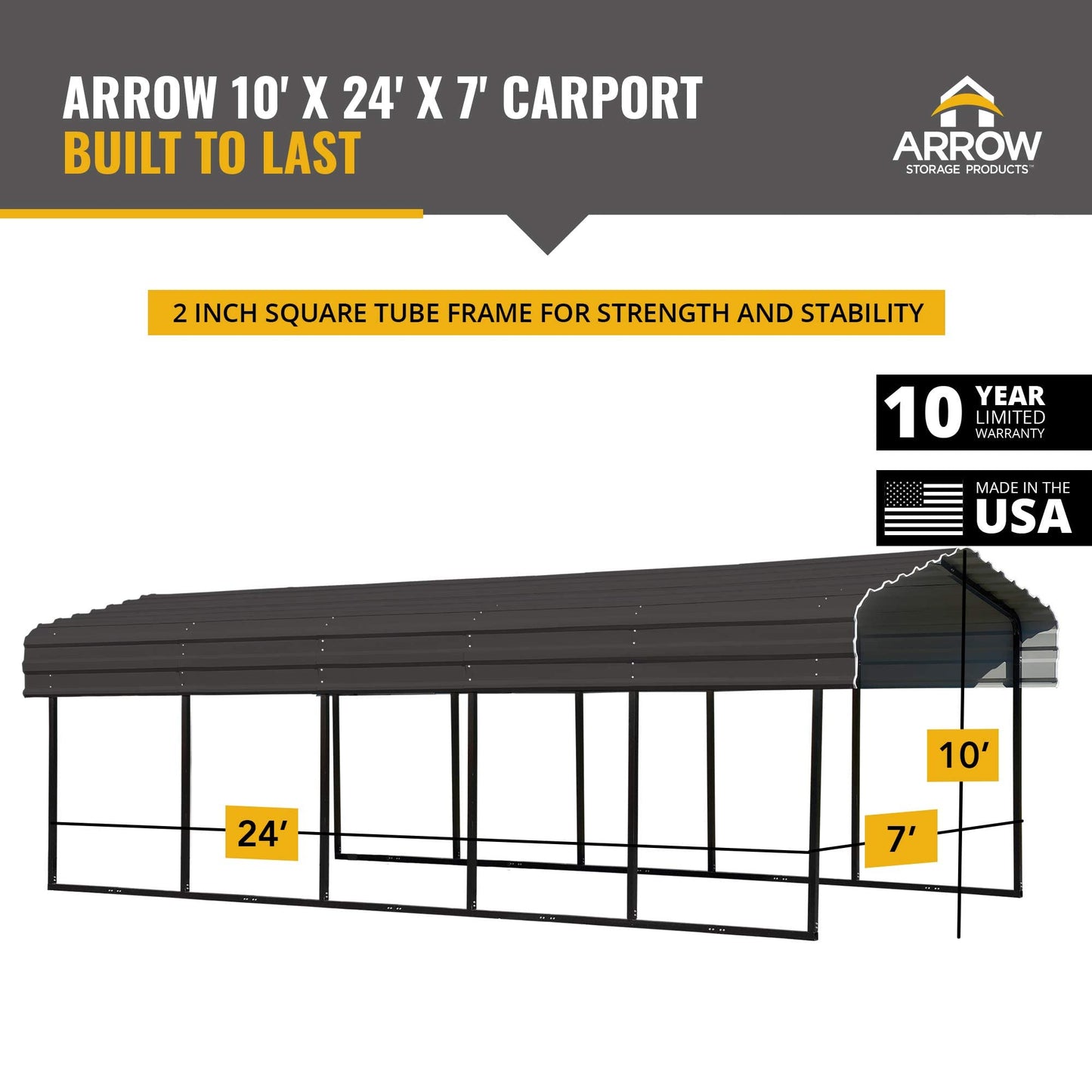 Arrow CPHC102407 Heavy Duty Galvanized Steel Metal Multi-Use Shelter, Shade, Carport, 10' x 24' x 7' Carport Only Charcoal 10' x 24' x 7'