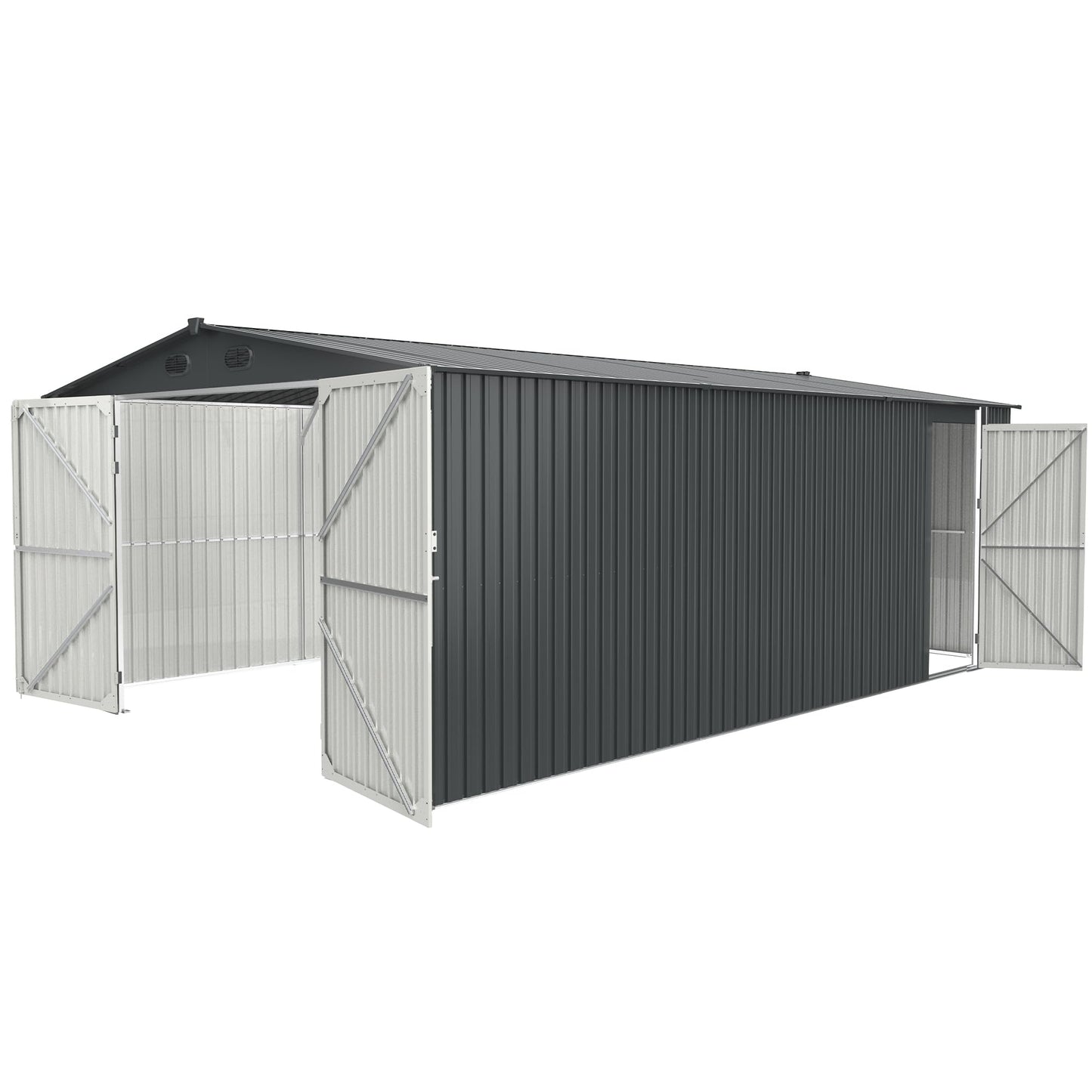 GLANZEND Abri de rangement extérieur 20 x 13 pieds, grand hangar de rangement en métal avec 2 portes et 4 aérations, auvent de voiture en métal pour voiture, camion, vélo, poubelle, outil, tondeuse à gazon 20 x 13 pieds