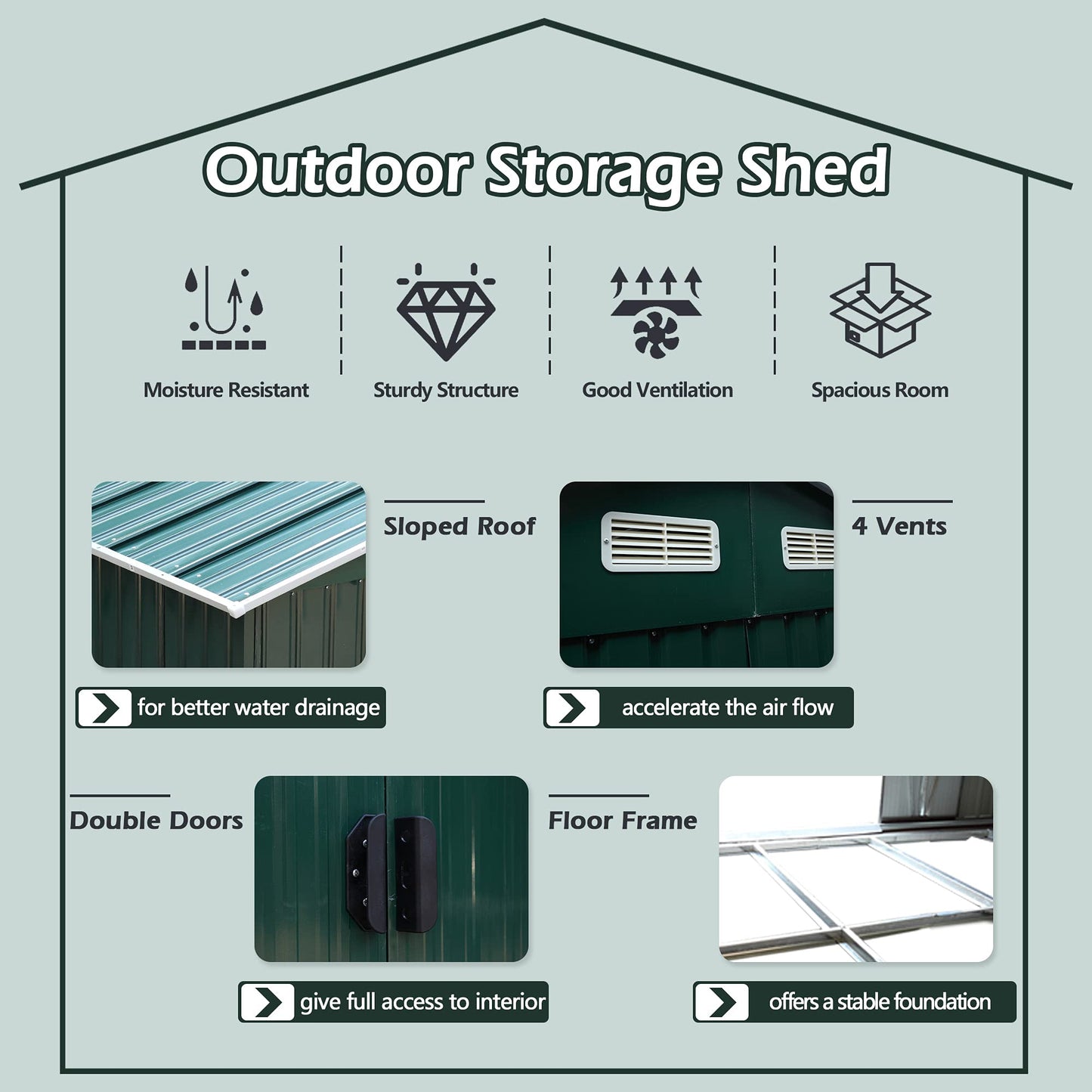 JAXSUNNNY 9 x 10 FT Large Outdoor Storage Shed w/ Floor Frame, Garden Metal Storage Shed for Outdoor Furniture, Lawnmover, Bikes, Utility Tool Organizer with Tall 76" Roof - Gain More Storage Green