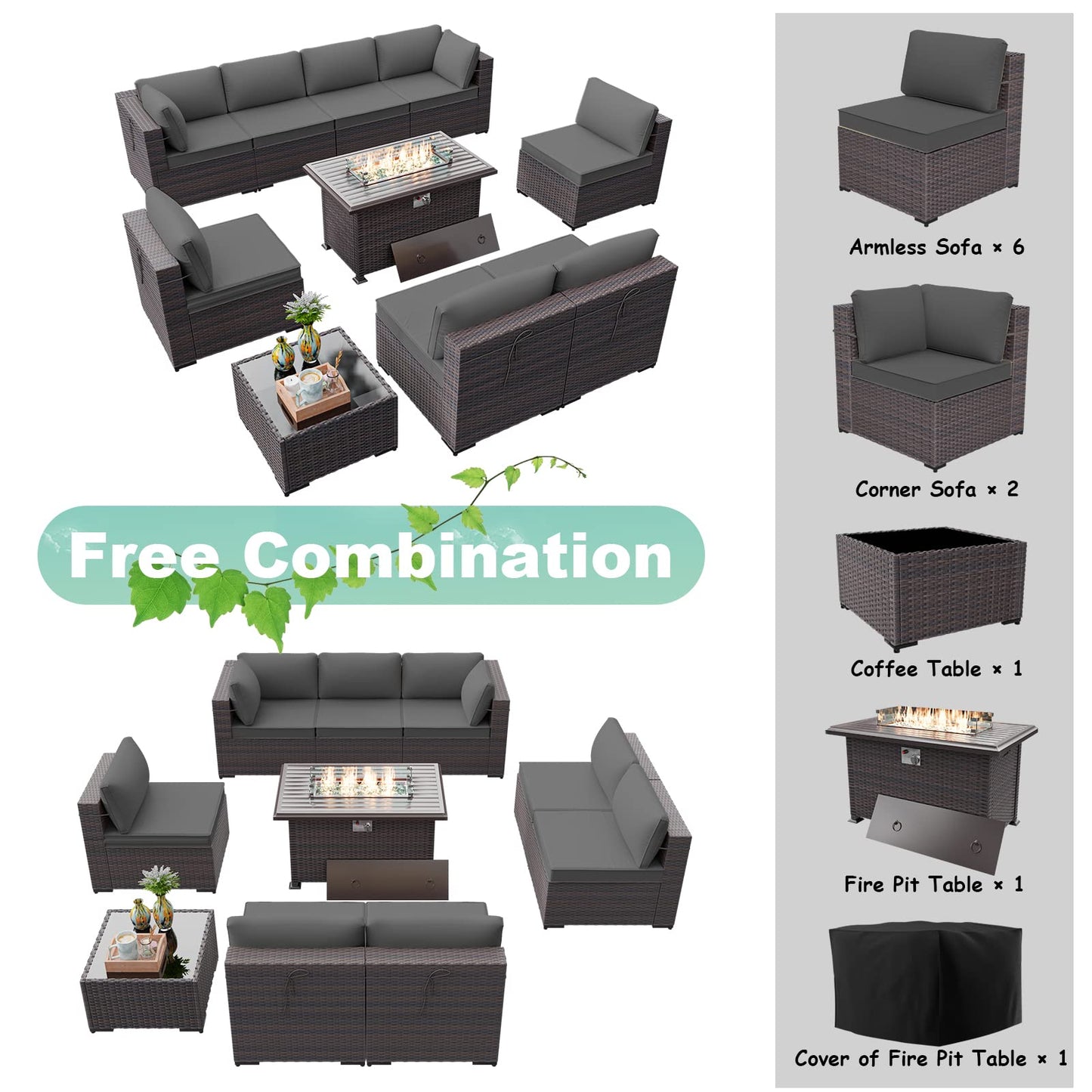 ALAULM 10 Pieces Patio Furniture Set with Propane Fire Pit Table Outdoor Sectional Sofa Sets Patio Furniture