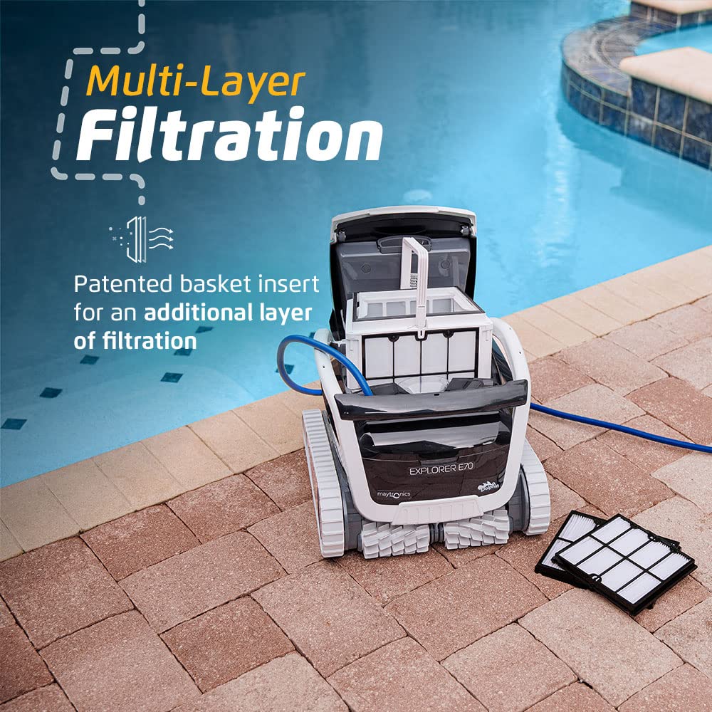 Dolphin Explorer E70 Robotic Pool Vacuum Cleaner with Wi-Fi Control — Included Universal Caddy for No-Hassle Storage — Ideal for All Pool Types up to 50 FT in Length