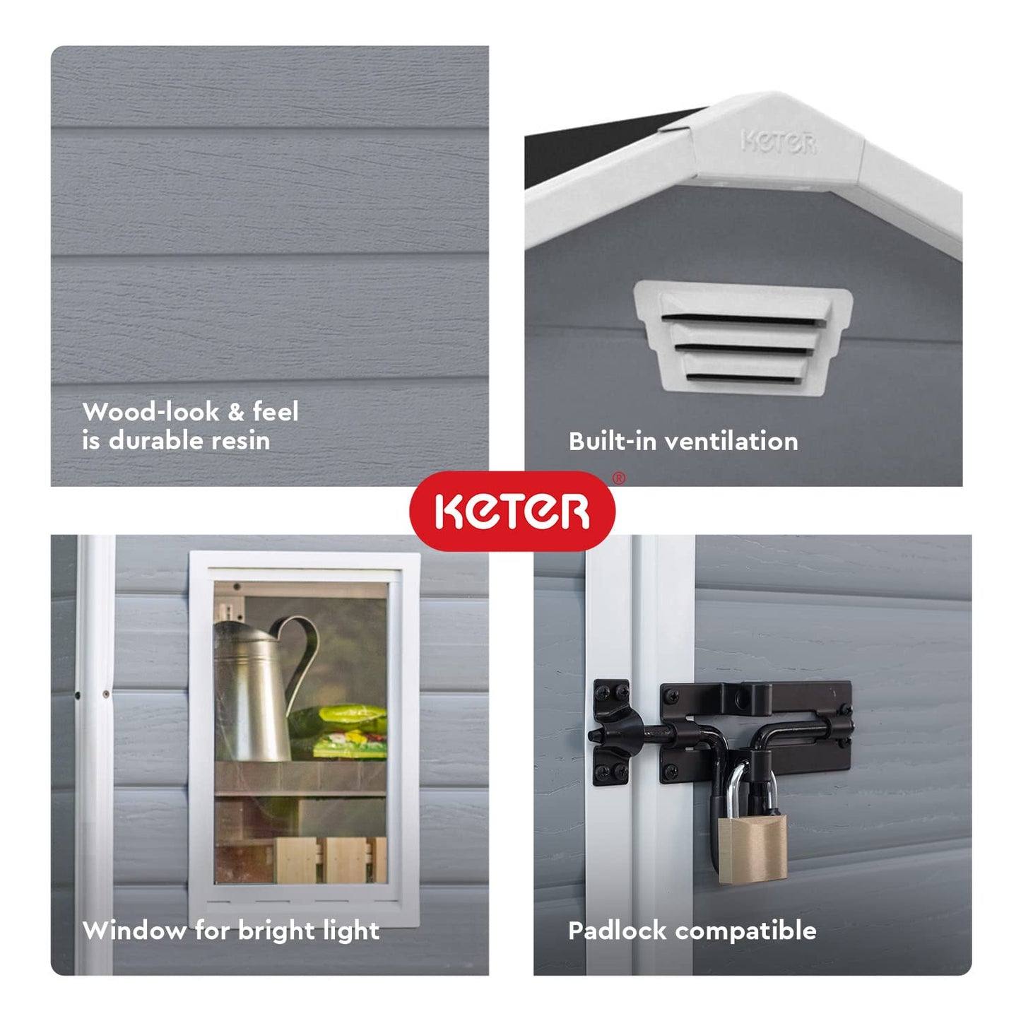 Keter Manor Kit d'abri de rangement extérieur en résine 4 x 6 - Parfait pour ranger les meubles de terrasse, les outils de jardin, les accessoires de vélo, les chaises de plage et la tondeuse à gazon, gris et blanc