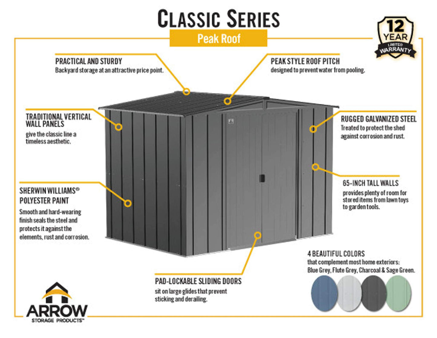 Arrow Shed Classic Hangar de rangement extérieur cadenassable en acier, 8' x 6', charbon de bois