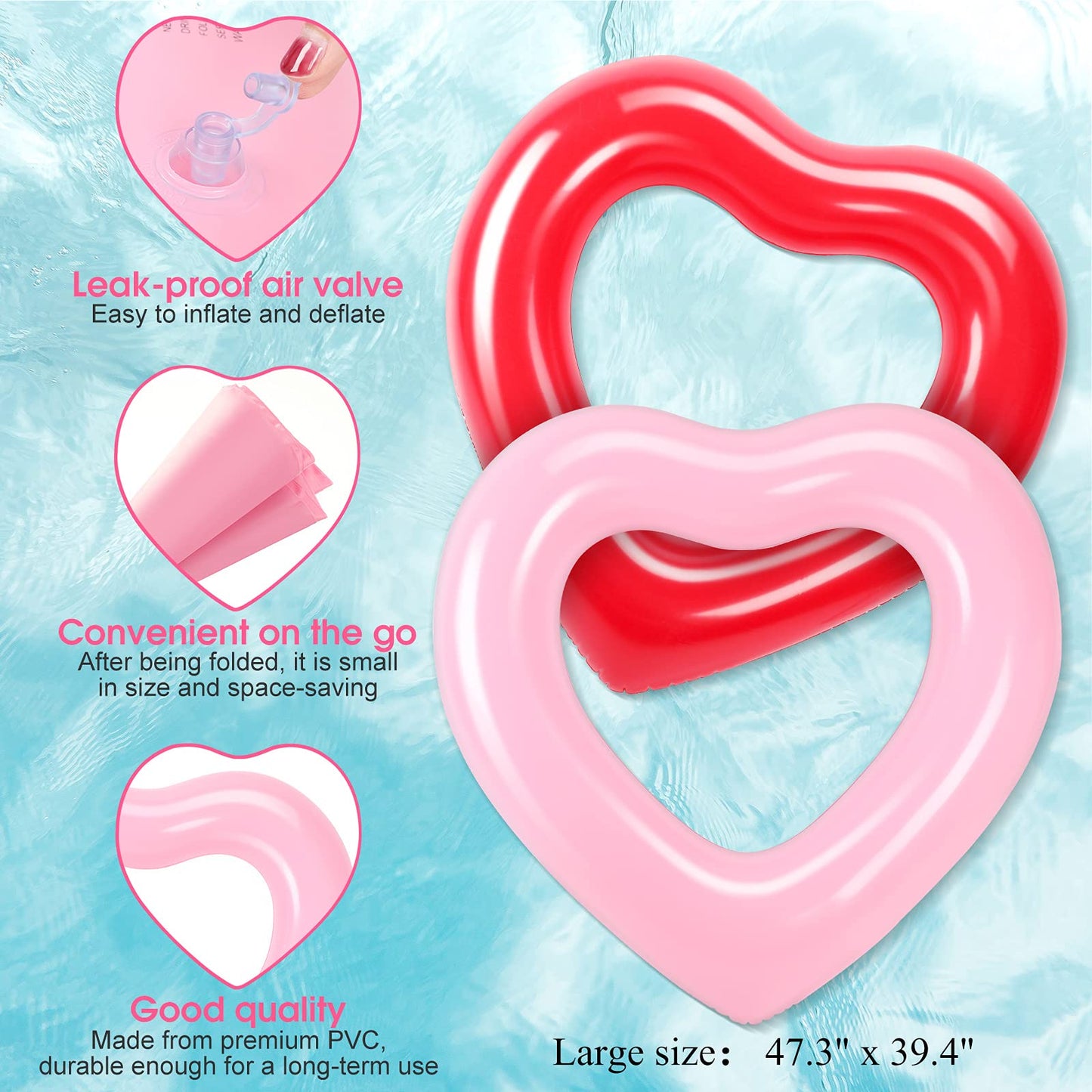 2 Pieces Heart Pool Float, 47.3 x 39.4 Inch Inflatable Swim Rings Bachelorette Party Pool Float Tube, Heart Shaped Summer Swimming Ring, Water Fun Beach Party for Adults (Pink, Red) Pink,Red