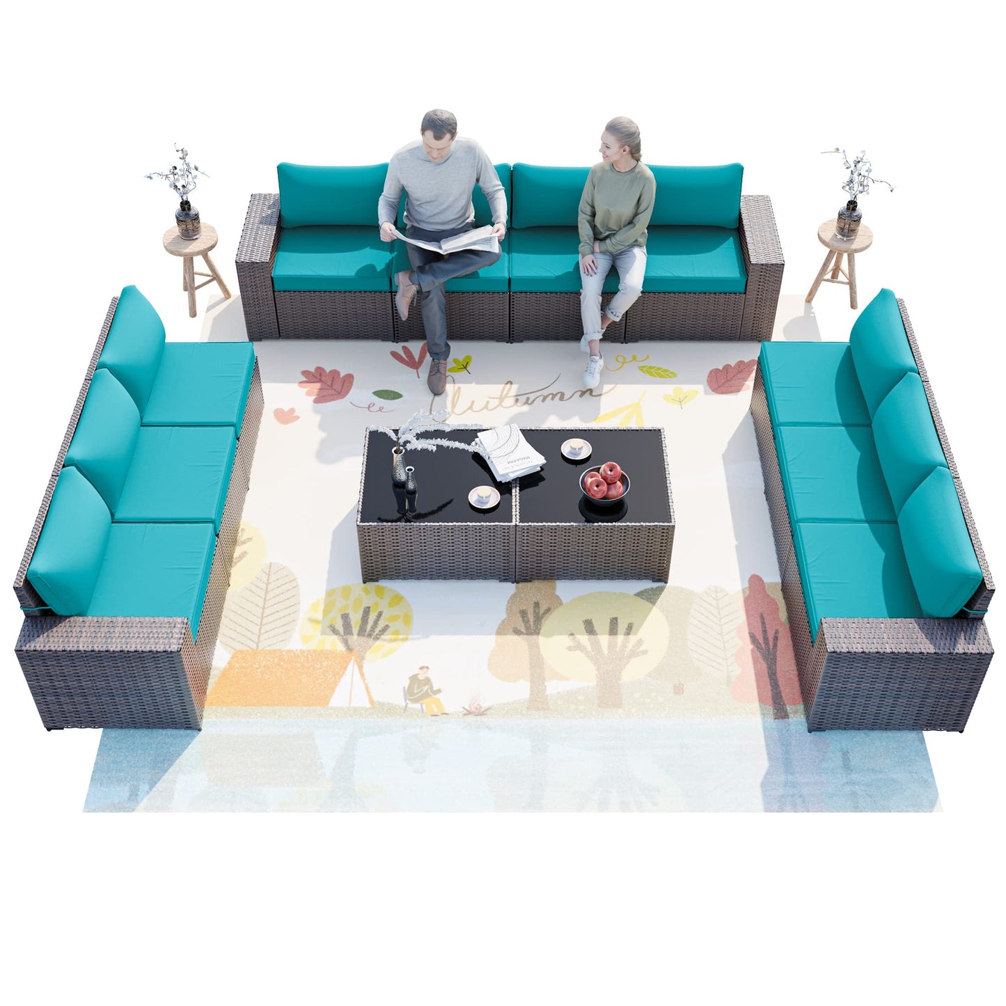 ALAULM 12 Pieces High-back Sectional Sofa Sets Outdoor Patio Furniture - Blue