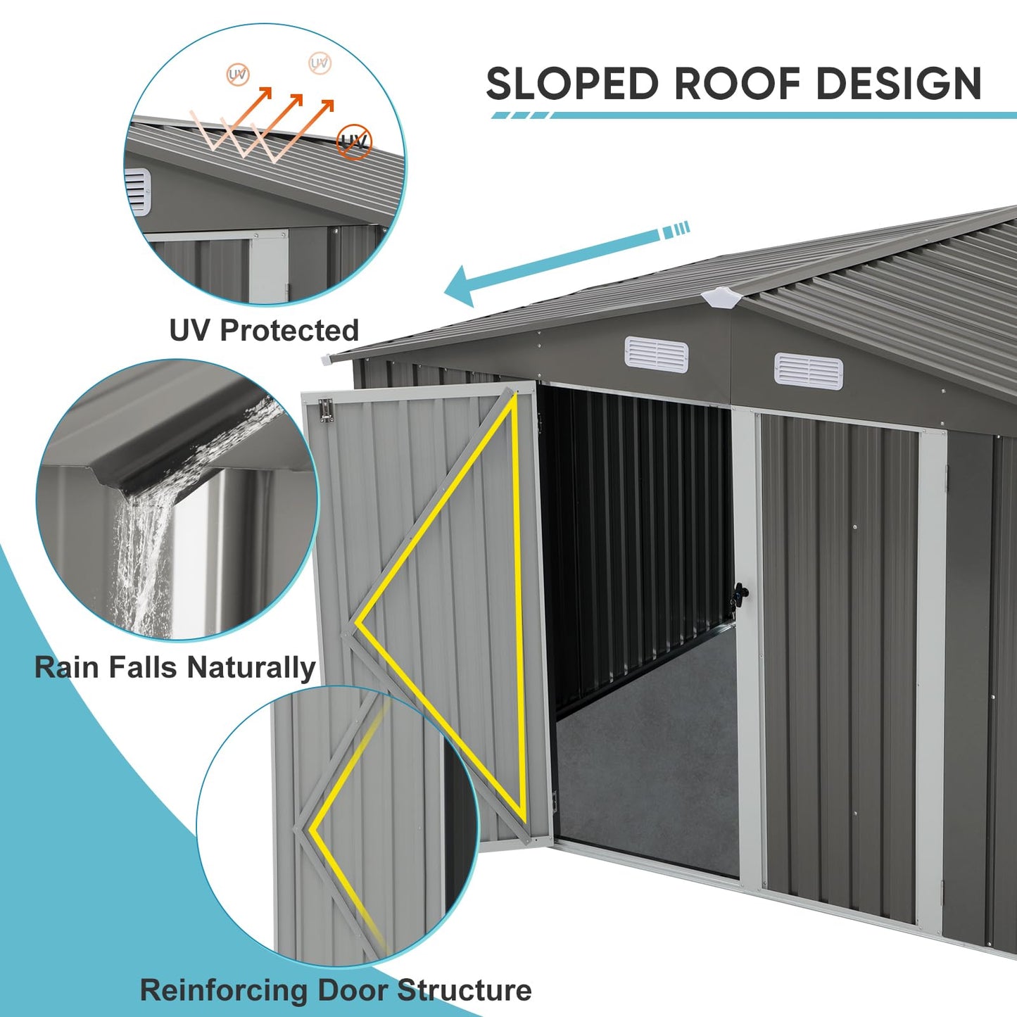 Verano Garden 10x8 FT Outdoor Storage Shed, Galvanized Steel Metal Garden Shed, Double Door W/Lock, Outdoor Storage Tool House for Backyard, Patio, Lawn 8’x10’ Gray