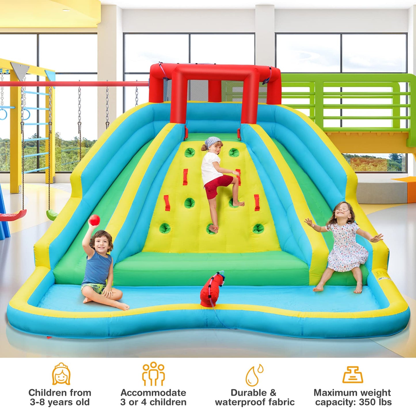 HONEY JOY Inflatable Water Slide, Giant Kids Water Park w/ 2 Long Slides & Climbing Wall, Water Hoses & Cannon, Large Splash Pool, Outdoor Blow Up Waterslides for Backyard(with 750w Blower) With 750w Blower
