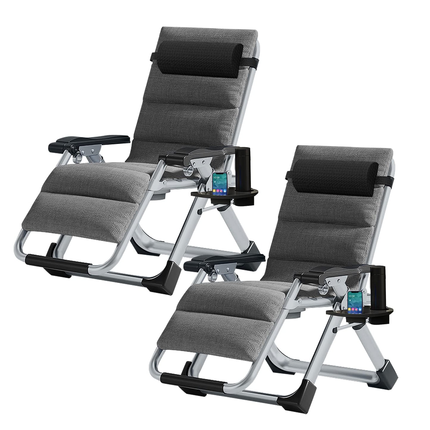 Zero Gravity Chair, Lawn Recliner, Reclining Patio Lounger Chair, Folding Portable Chaise with Detachable Soft Cushion, Cup Holder, Headrest Textured Grey Zero Gravity Chair-2Pack