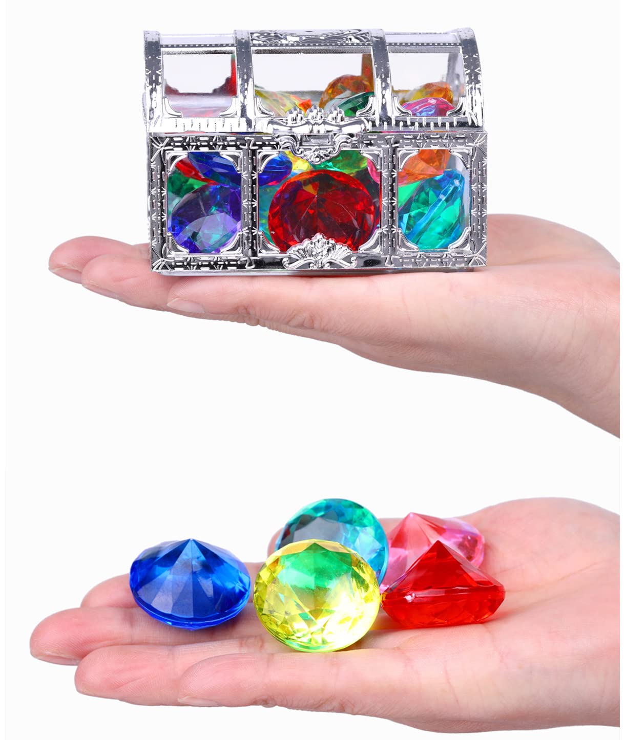 XIJUAN Diving gem Pool Toys Sand Toys,14Colorful Diamond Treasure Chest Summer Swimming gems Pirate Diving Toy Set Underwater Swimming toyChildren's Game Gifts for Boys and Girls(Silver White)