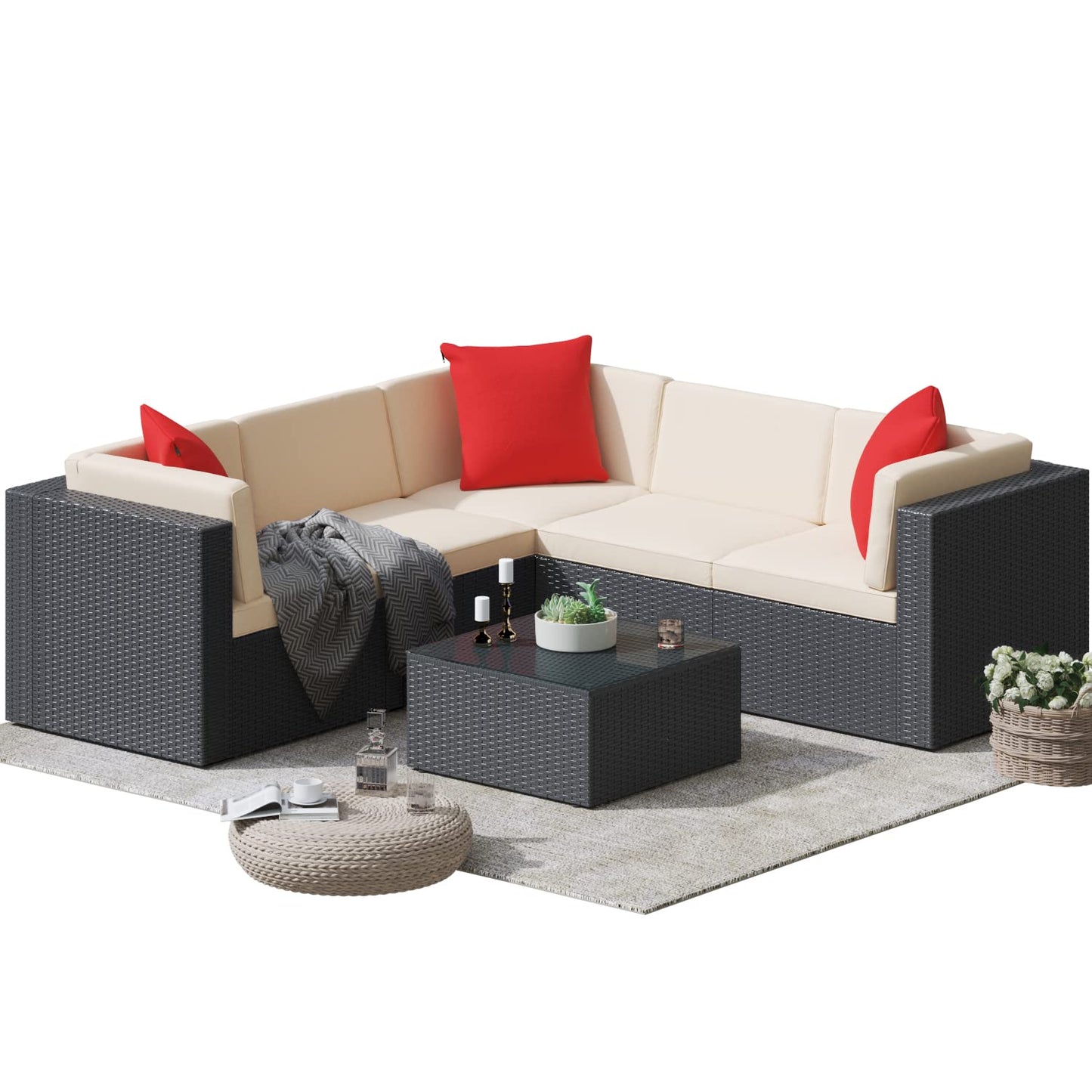 Greesum Patio Furniture Sets 6 Piece Outdoor Wicker Rattan Sectional Sofa with Cushions, Pillows & Glass Table, Beige 6 Pieces