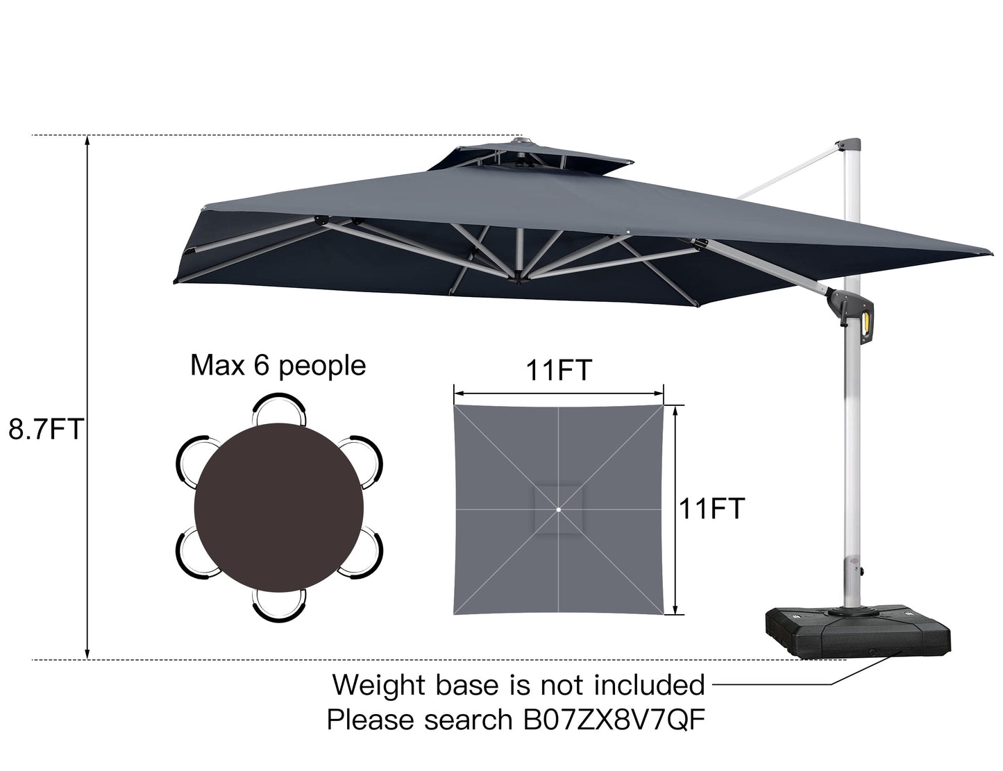 Deluxe Square Patio Umbrella 11ft Grey