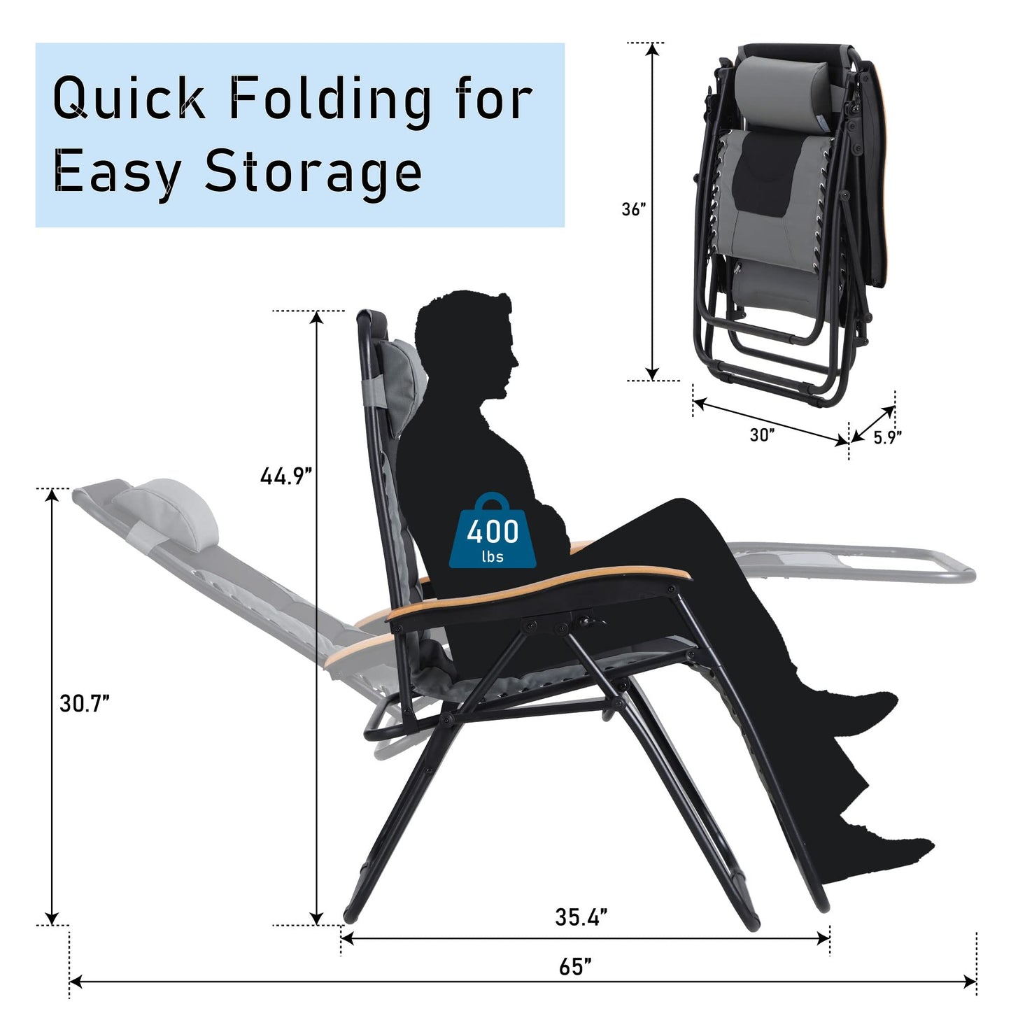 PHI VILLA Oversize XL Padded Zero Gravity Lounge Chair Family Lovers Pack with Wide Armrest Foldable Recliner, Set of 2, Support 400 LBS (Grey) Grey-oversized 2-Pack