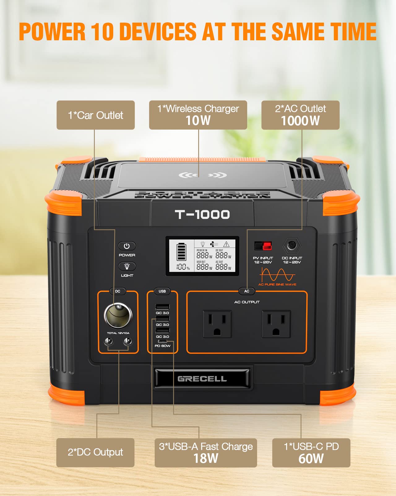 GRECELL 999Wh Solar Generator 1000W, Portable Power Station with 60W USB-C PD Output