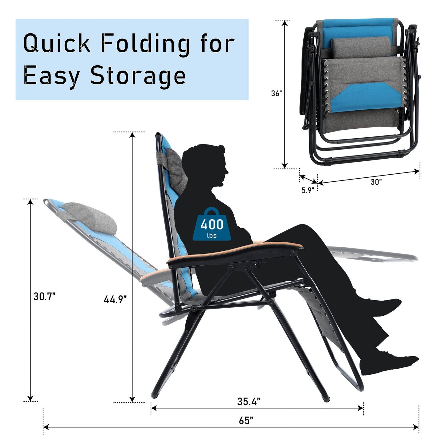 PHI VILLA Oversize XL Padded Zero Gravity Lounge Chair Family Lovers Pack with Wide Armrest Foldable Recliner, Set of 2, Support 400 LBS (Green Blue) Green Blue-oversized 2-Pack