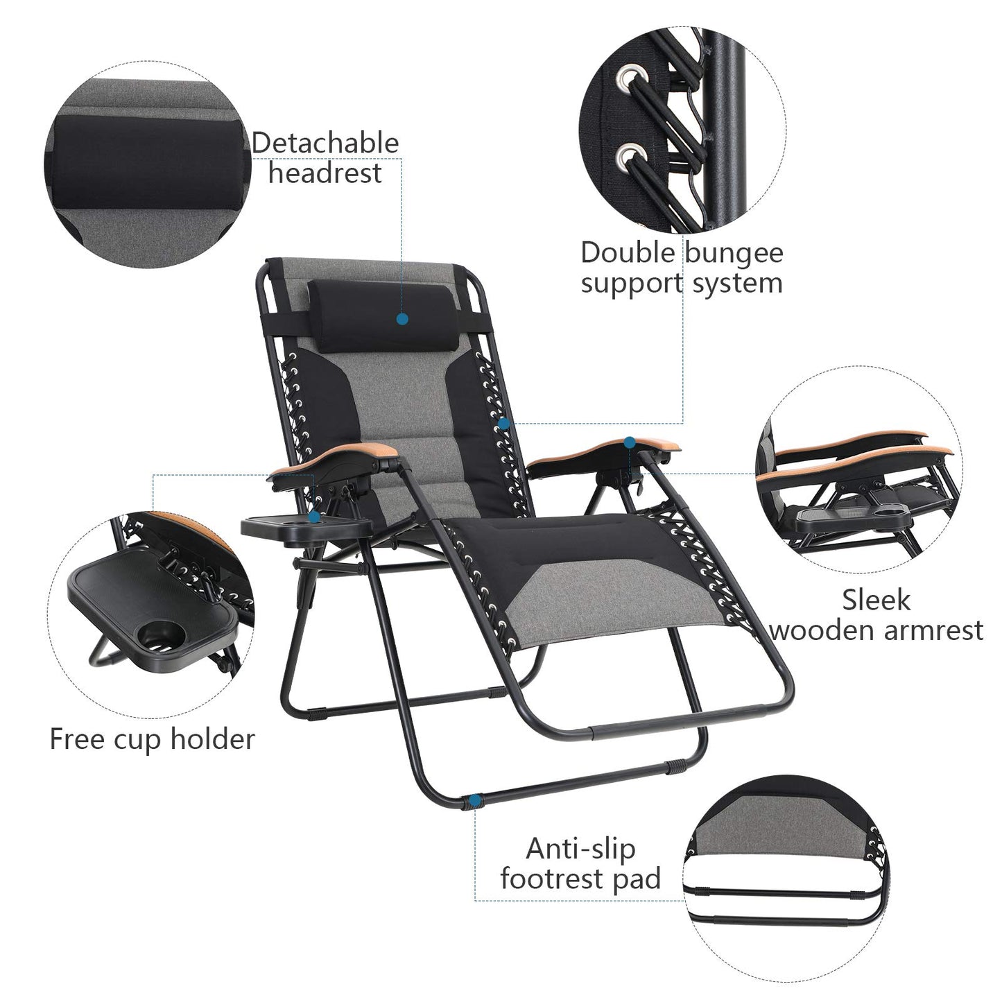 Sophia & William Padded Zero Gravity Chair Oversize Lounge Chair with Free Cup Holder, Supports 350 LBS (Black) 1 Pack Black