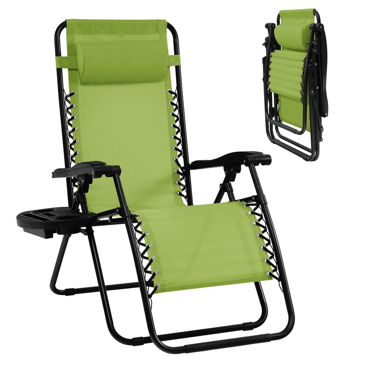 Goplus Zero Gravity Chair, Adjustable Folding Reclining Lounge Chair with Pillow and Cup Holder, Patio Lawn Recliner for Outdoor Pool Camp Yard (1, Green) set of 1