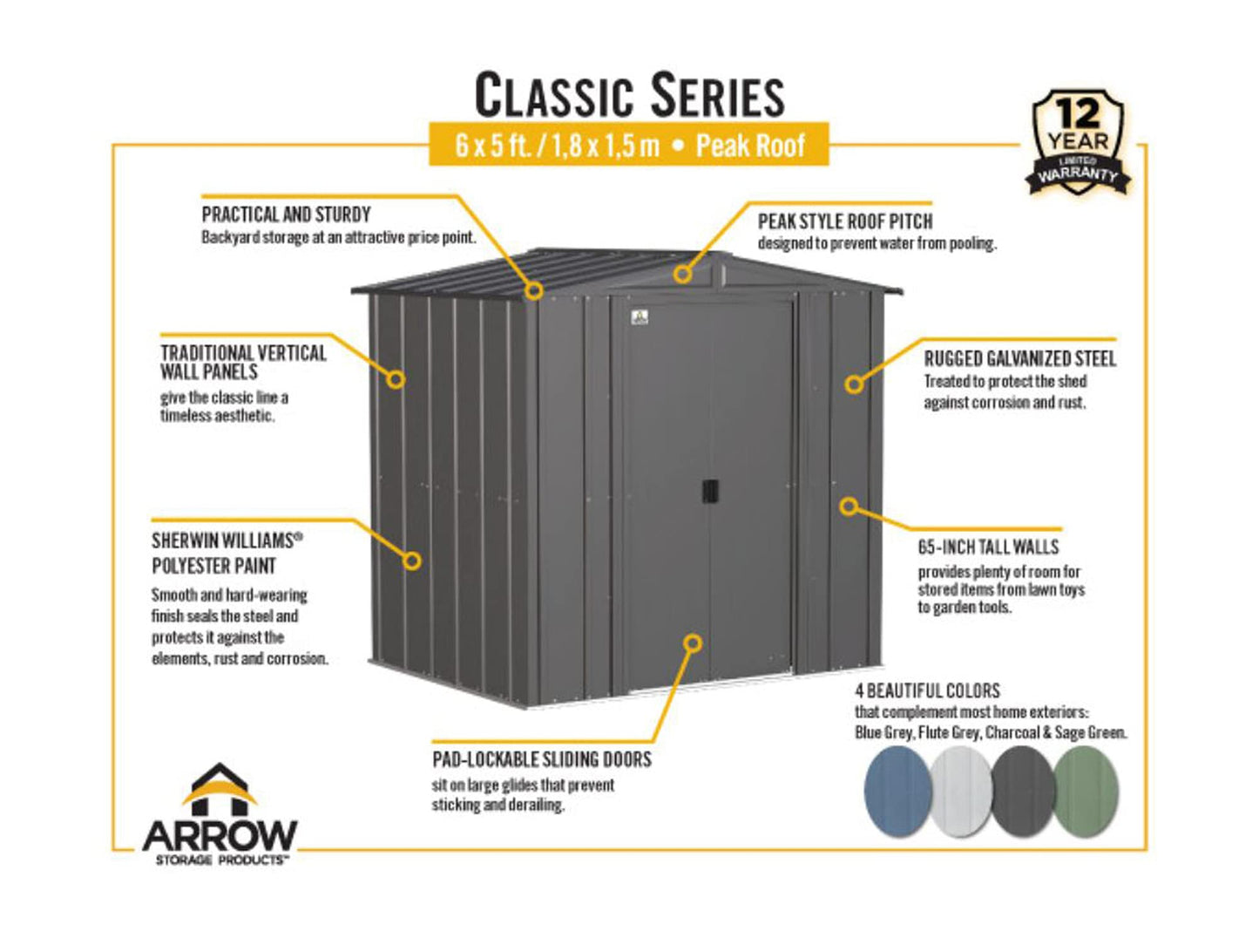 Arrow Shed Classic 6' x 5' Outdoor Padlockable Steel Storage Shed Building Blue Grey