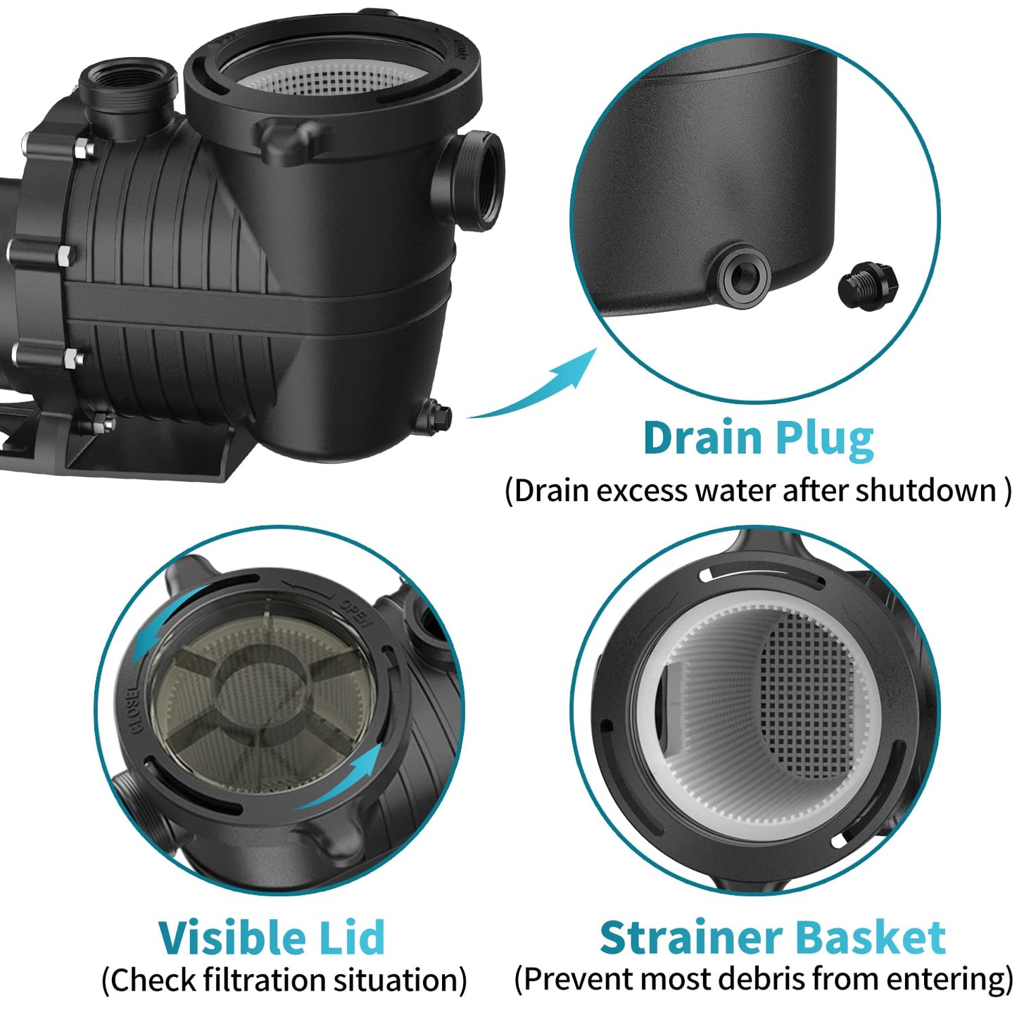 Pool Pump In/Above Ground, 2.0HP 115V/230V Dual Voltage Swimming Pool Pump with Filter Basket, 4860GPH Max Flow Circulating Pump for Saltwater and Fresh Water Pools, IP44 Waterproof, Energy Efficient 2HP 115v/230v(single Speed)