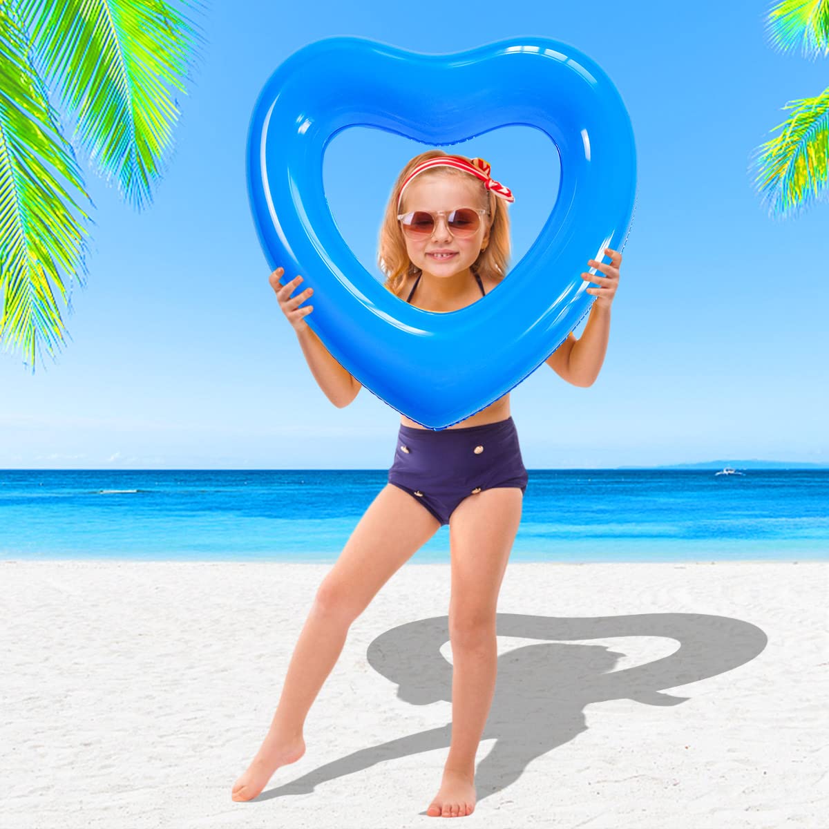 SUNSHINE-MALL Inflatable Swim Rings, Heart Shaped Swimming Pool Float Loungers Tube, Water Fun Beach Party Toys for Kids, Adults Blue