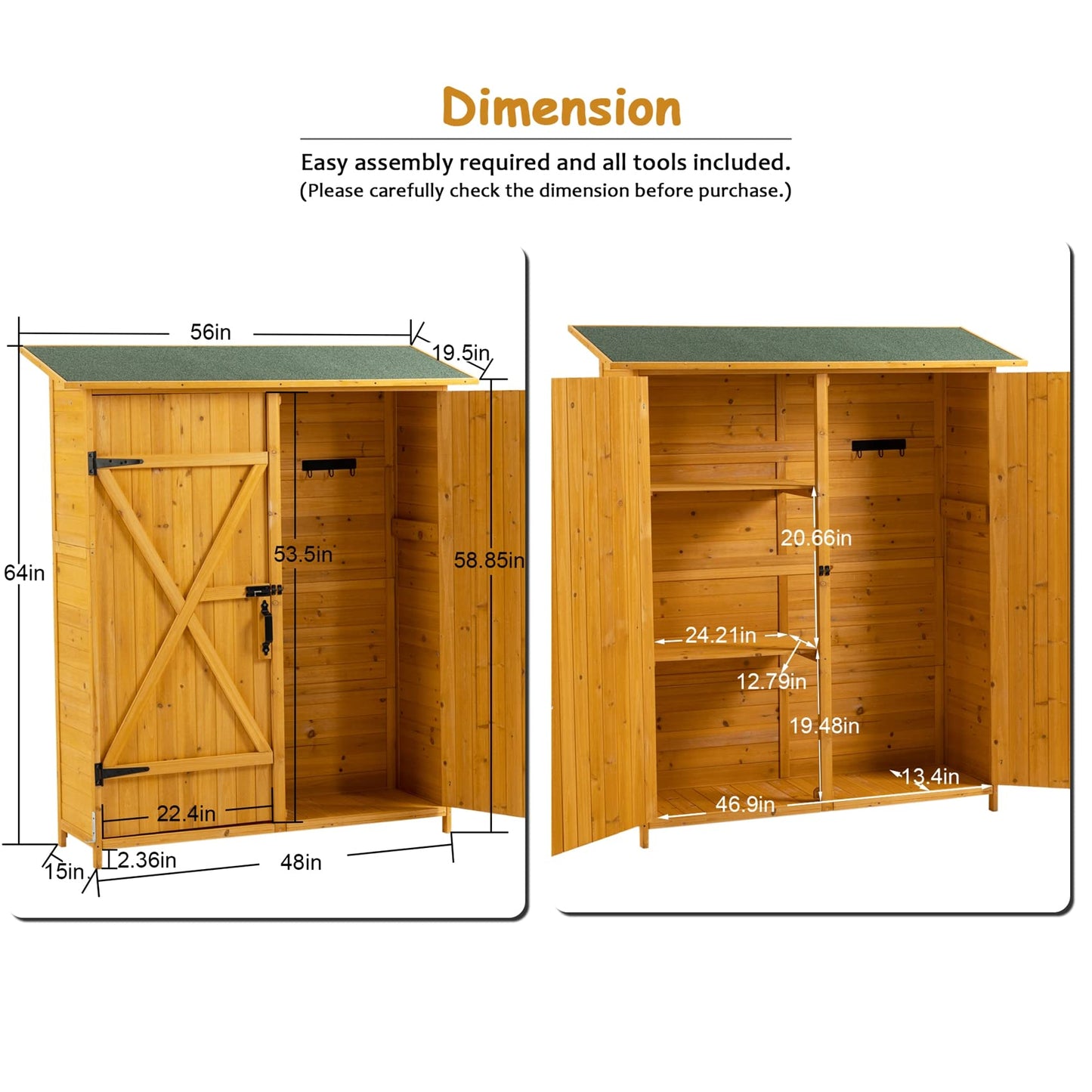 Abri de rangement en bois avec sol, armoire de rangement extérieure étanche avec 3 étagères amovibles et porte verrouillable, abri de jardin avec crochet, abri vertical extérieur avec 2 portes doubles (gris) 56 x 19,5 x 64 gris avec 3 étagères et crochet