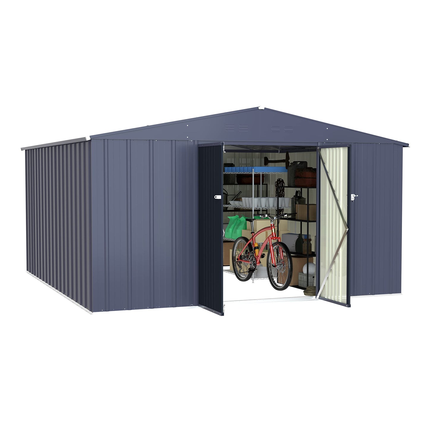 VEIKOU Outdoor Storage Shed with Thicken Galvanized Steel, 10' x 10' Metal Garden Shed with Lockable Doors, Lawn Shed for Outside Yard Garden Tools, Gray
