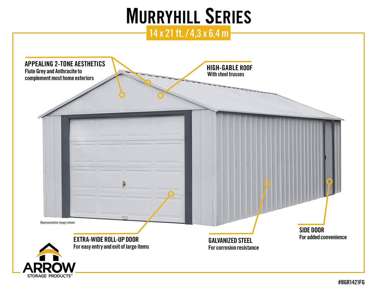 Arrow Shed 14' x 21' Garage Murryhill Murs extra hauts en acier galvanisé Hangar préfabriqué Bâtiment de stockage, 14' x 21', Gris flûte 14' x 21'
