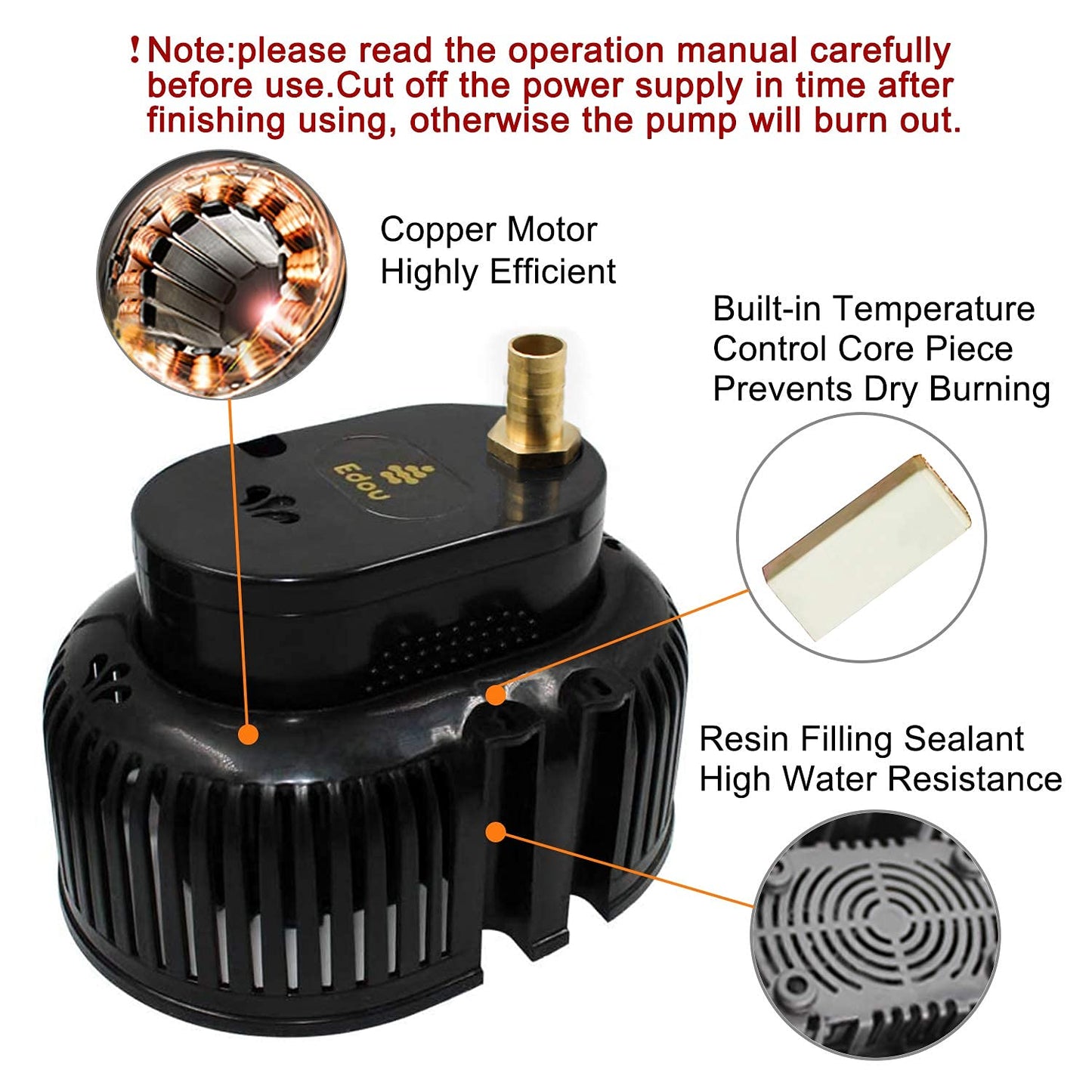 EDOU DIRECT Submersible Pool Cover Pump Black Edition | HEAVY DUTY | 850 GPH Max Flow | 75 W | Includes 16' Kink-proof Drainage Hose, 2 Adapters | Ideal for draining from above ground & inground pools