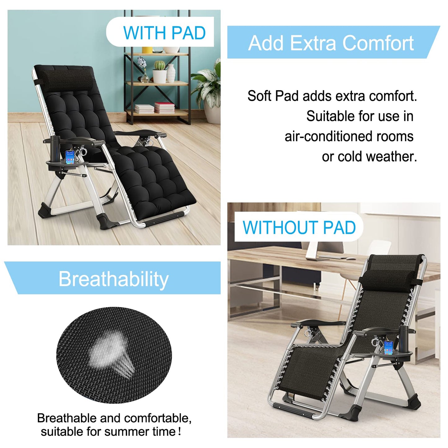 Zero Gravity Chair, Lawn Recliner, Reclining Patio Lounger Chair, Folding Portable Chaise with Detachable Soft Cushion, Cup Holder, Headrest Comfort Black Zero Gravity Chair-2Pack