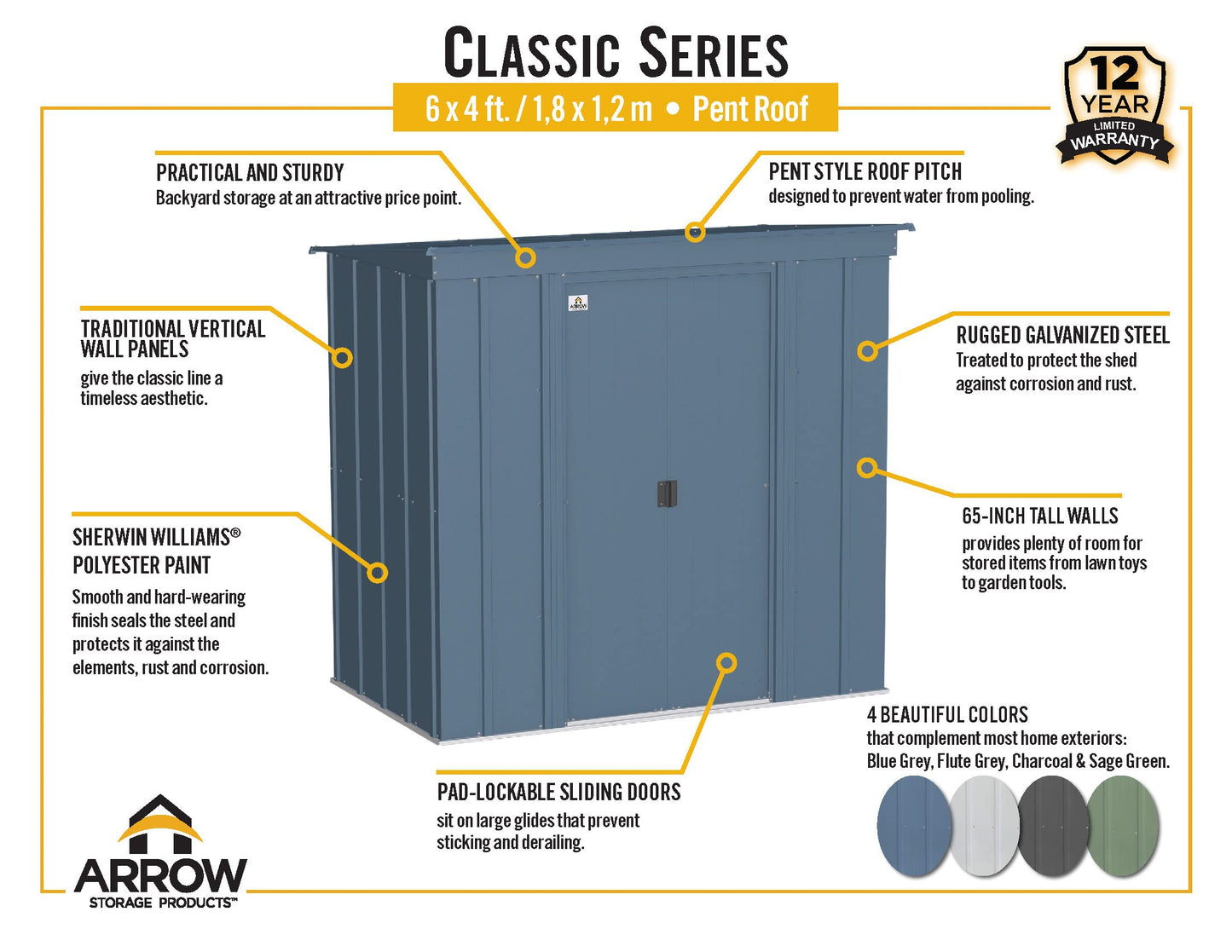 Arrow Shed Classic 6' x 4' Outdoor Padlockable Steel Storage Shed Building, Charcoal 6' x 4'
