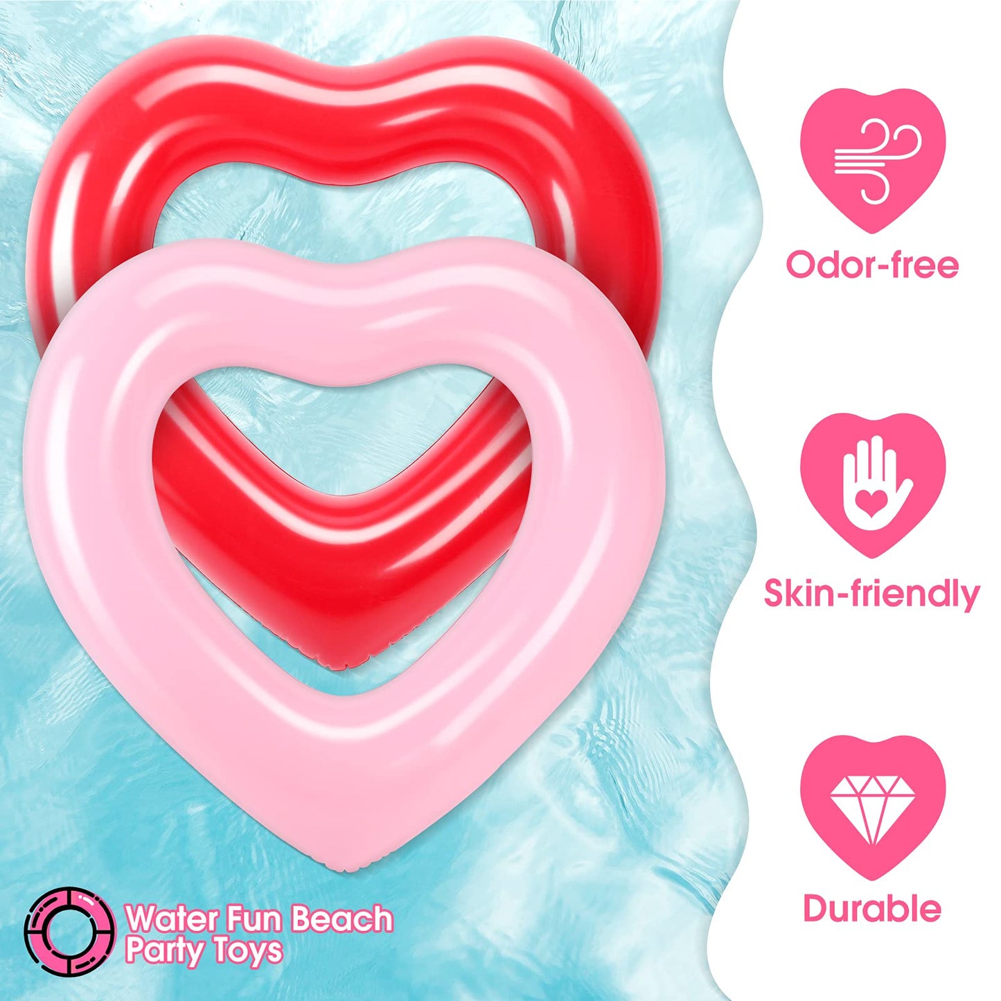 2 Pieces Heart Pool Float, 47.3 x 39.4 Inch Inflatable Swim Rings Bachelorette Party Pool Float Tube, Heart Shaped Summer Swimming Ring, Water Fun Beach Party for Adults (Pink, Red) Pink,Red