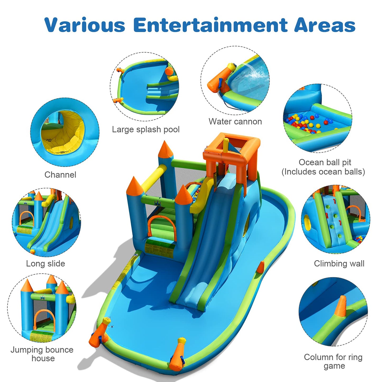BOUNTECH Inflatable Water Slide, 8 in 1 Giant Waterslide Park Bounce House for Kids Backyard Outdoor Fun w/Splash Pool, Climbing, Blow up Water Slides Inflatables for Kids and Adults Party Gifts Without Air Blower
