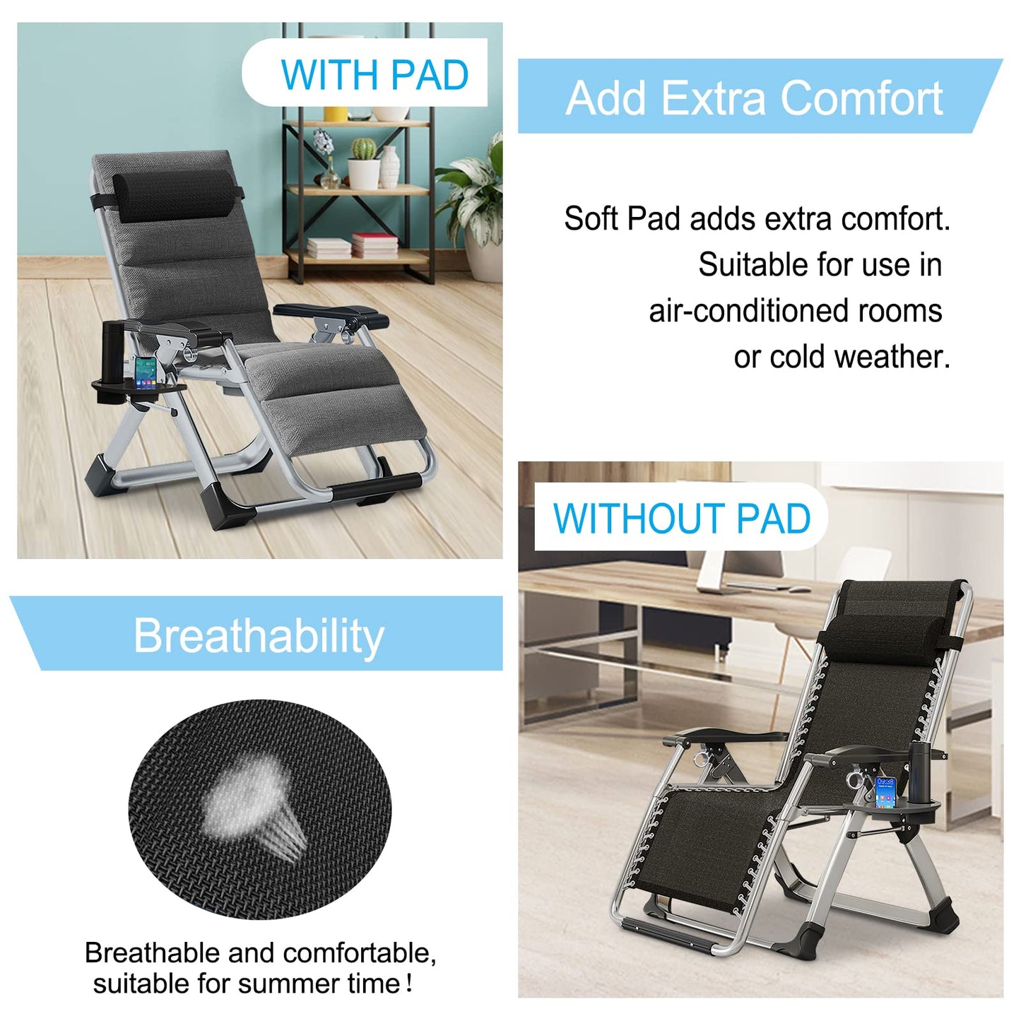 Zero Gravity Chair, Lawn Recliner, Reclining Patio Lounger Chair, Folding Portable Chaise with Detachable Soft Cushion, Cup Holder, Headrest Textured Grey Zero Gravity Chair-2Pack