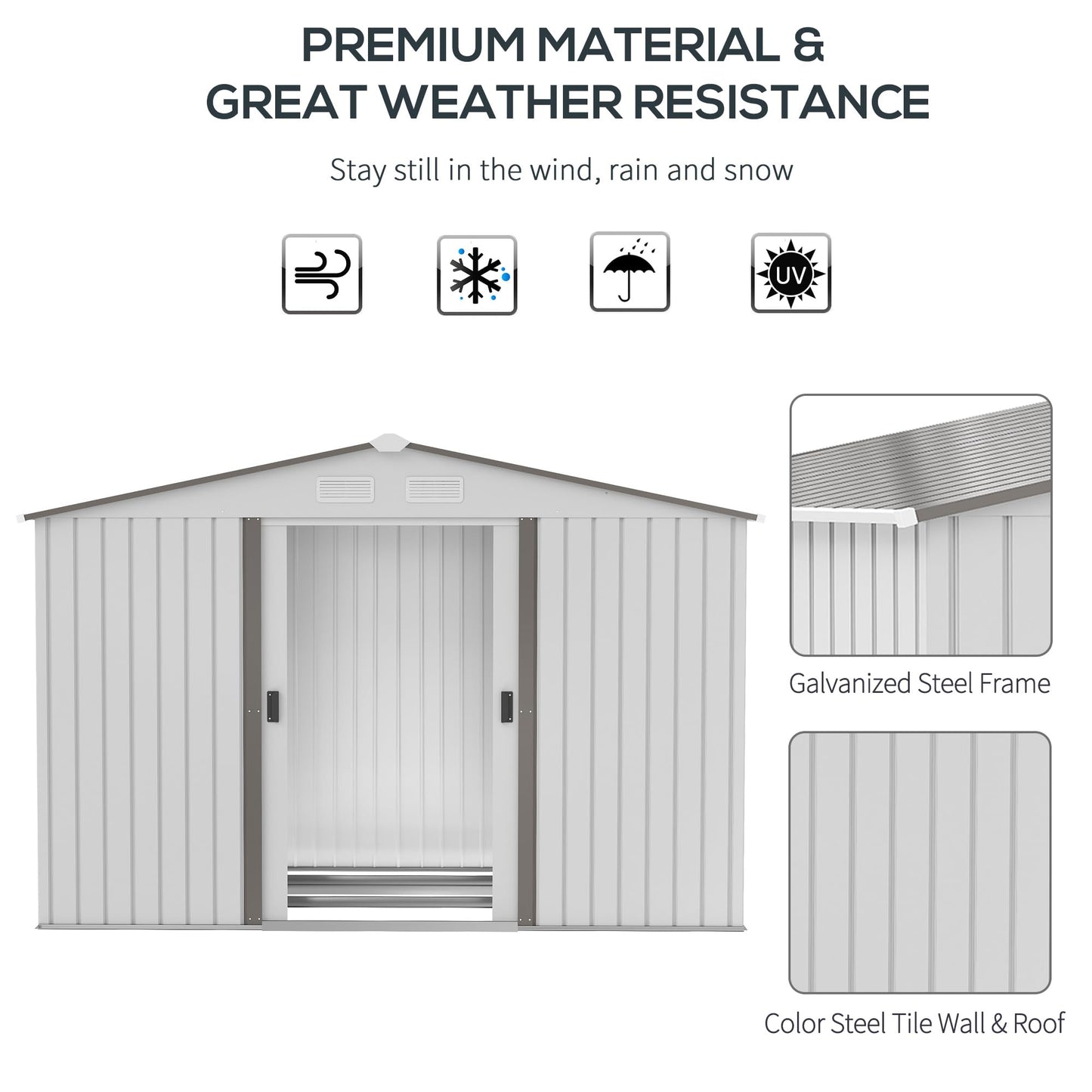 Outsunny 9' x 6' Metal Storage Shed Garden Tool House with Double Sliding Doors, 4 Air Vents for Backyard, Patio, Lawn, Silver 9' x 6'