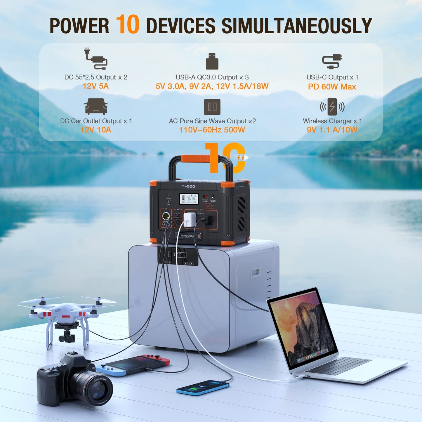 GRECELL T-500 Portable Power Station 500W, 519Wh/140400mAh Solar Generator