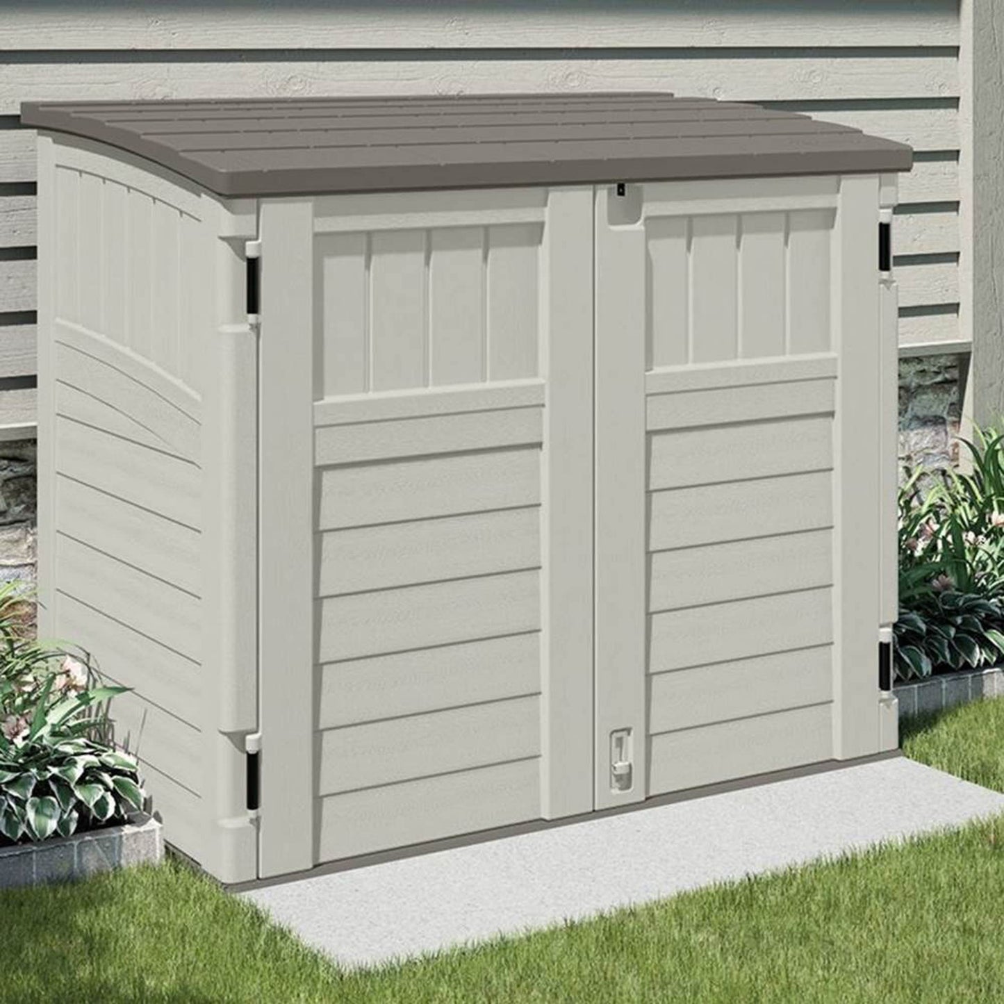 Suncast BMS2500 53 x 31,5 x 45,5 horizontal 34 pieds cubes abri de rangement extérieur en résine avec sol pour jardin, garage ou patio en ivoire (paquet de 2)