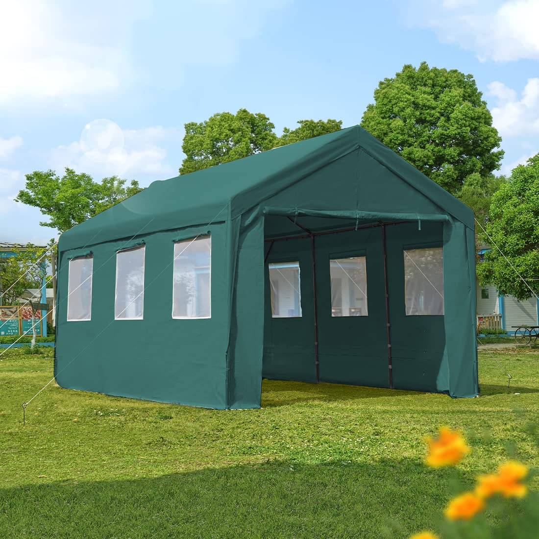 ADVANCE OUTDOOR 12x20 ft Heavy Duty Adjustable Carport with 6 Roll-up Ventilated Windows & Removable Sidewalls Car Canopy Garage Boat Shelter Party Tent, Peak Height from 9.5ft to 11ft, Green (020G) 12'x20'