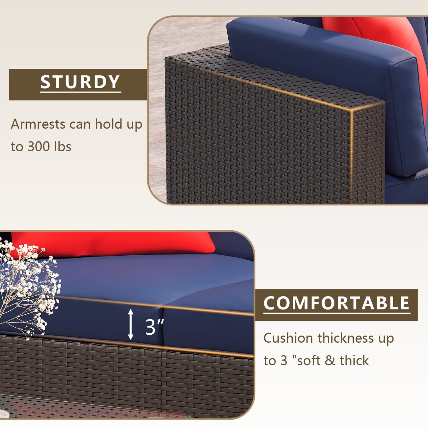 Greesum Patio Furniture Sets 5 Piece Outdoor Wicker Rattan Sectional Sofa with Cushions, Pillows & Glass Table, Dark Blue 5 Pieces