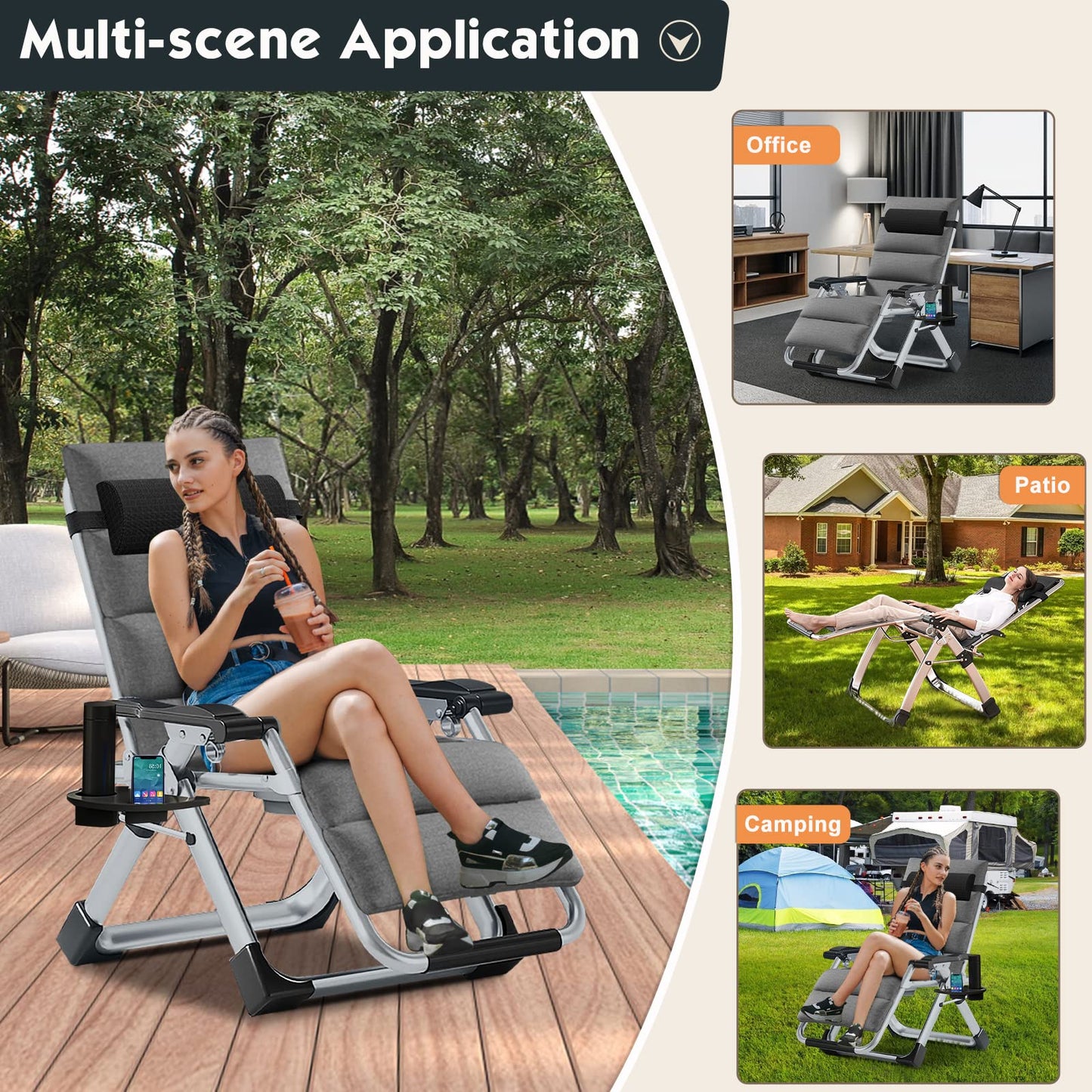 MOPHOTO Zero Gravity Chair, Outdoor Padded Lounge Chair with Side Table, Zero Gravity Recliner Chair, Outdoor Reclining Chair, Sturdy & Comfortable, Supports up to 440lbs Grizzle Gray