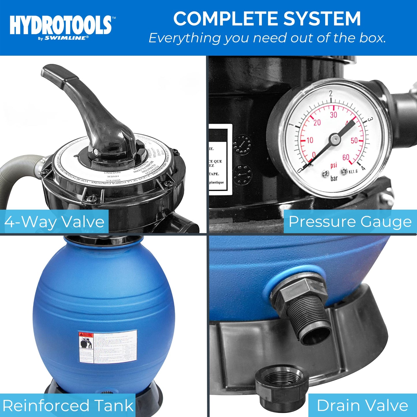 HYDROTOOLS By SWIMLINE Pool Sand Filter Pump For Above Ground & Inground Pool | 12 Inch Cleaner System 1/3 HP (0.3 THP) Horsepower 2220 GPH |For Pools Up To 9000 Gallons Intex Bestway Compatible 71233 12'' A/G Sand Filter Up To 9000 Gal