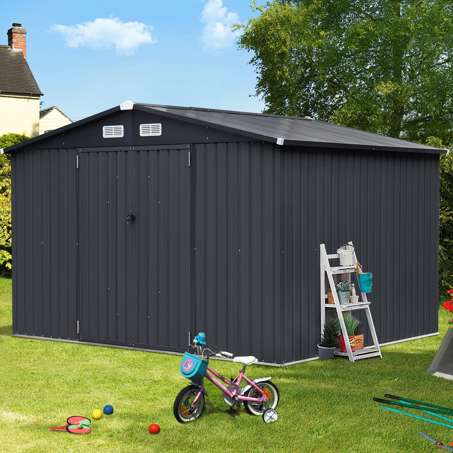 Verano Garden Abri de rangement extérieur de 2,4 x 3 m, grand abri de jardin en acier galvanisé, double porte avec serrure, maison de rangement extérieur pour jardin, patio, pelouse 2,4 x 3 m, noir