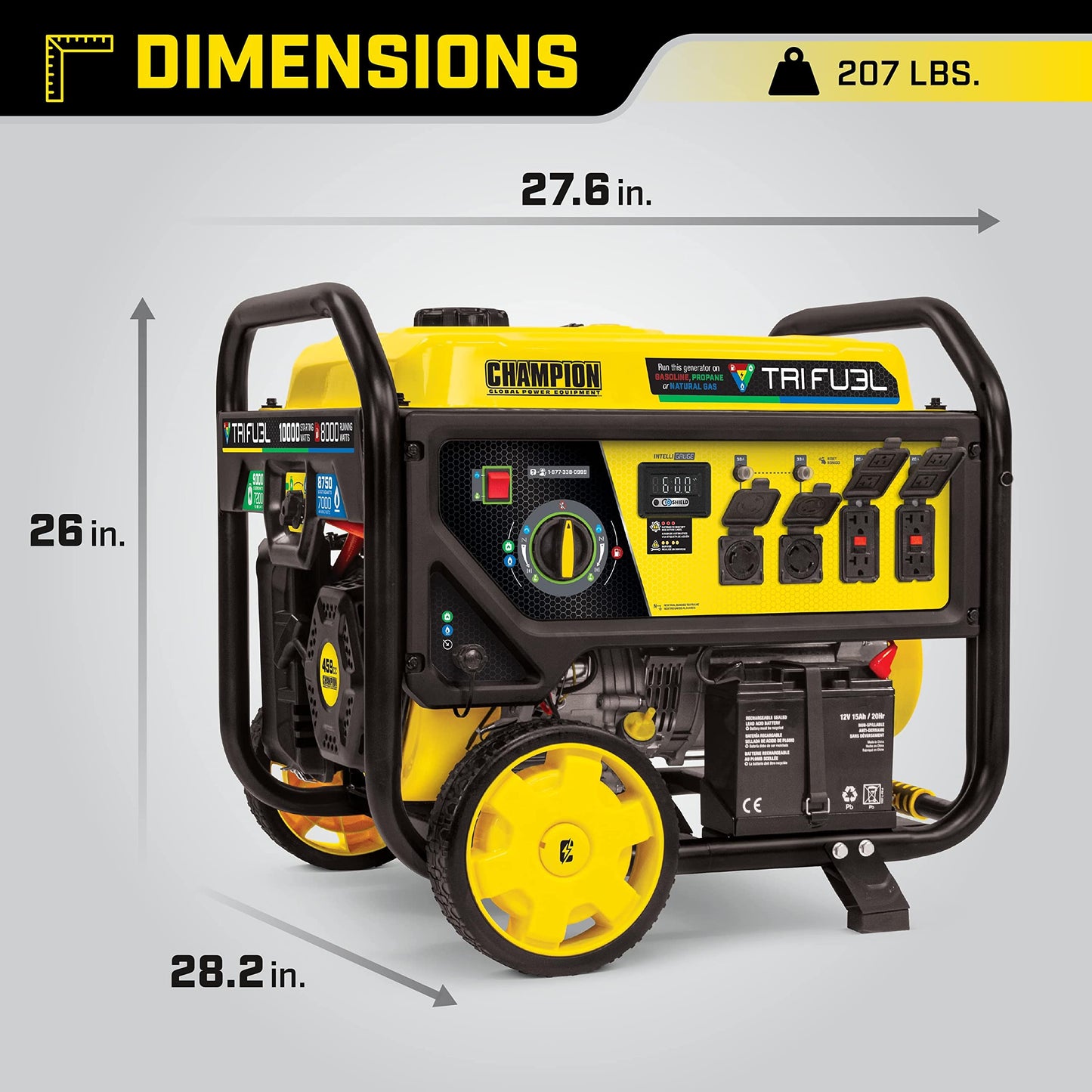 Champion Power Equipment 100416 10,000/8,000-Watt TRI Fuel Portable Natural Gas Generator, NG/LPG Hose Kits and CO Shield 8000 Watt