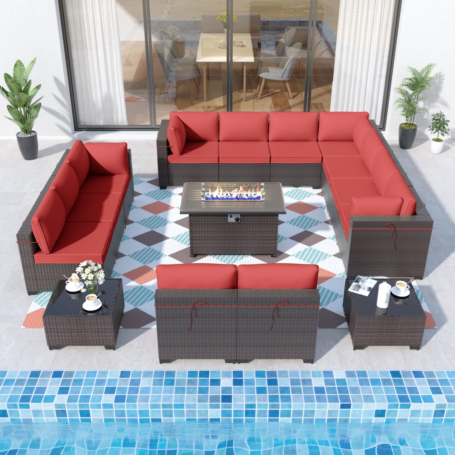 ALAULM 15 Pieces Patio Furniture Set with Propane Fire Pit Table Outdoor Sectional Sofa Sets (Rose Red)