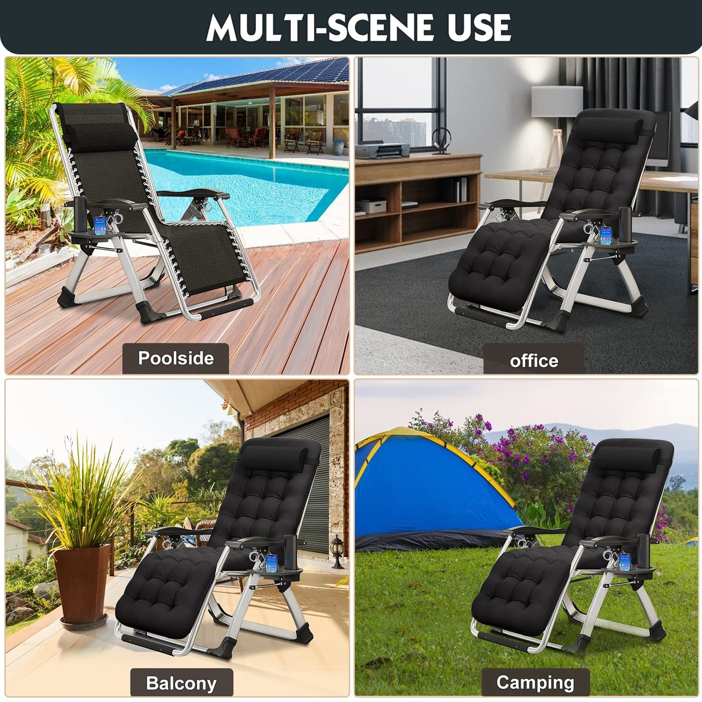 MOPHOTO Zero Gravity Chair, Outdoor Padded Lounge Chair with Side Table, Zero Gravity Recliner Chair, Outdoor Reclining Chair, Sturdy & Comfortable, Supports up to 440lbs Dark Black
