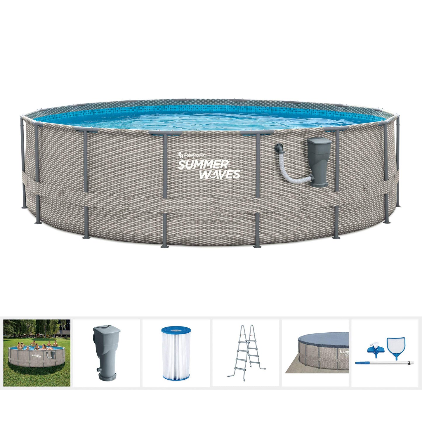Summer Waves Active Metal Frame 16 Foot x 48 Inch Round Above Ground Wicker Gray Swimming Pool Set with Skimmer Plus Pool Filter Pump and Type C Filter Cartridge, Gray Rattan 16' x 48" - No Window