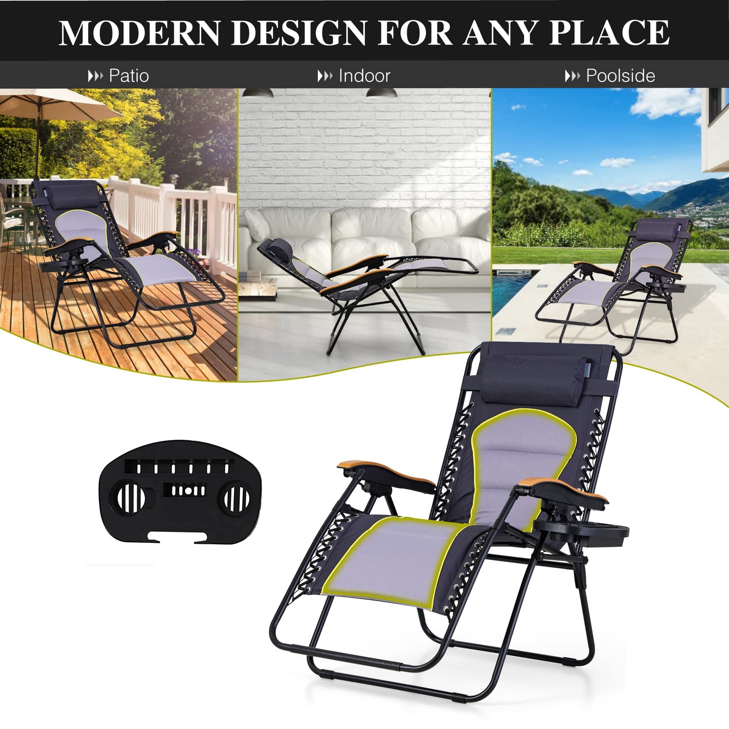 PHI VILLA Oversize XL Padded Zero Gravity Lounge Chair Family Lovers Pack with Wide Armrest Foldable Recliner, Set of 2, Support 400 LBS (Purple Grey) Purple Grey-oversized 2-Pack