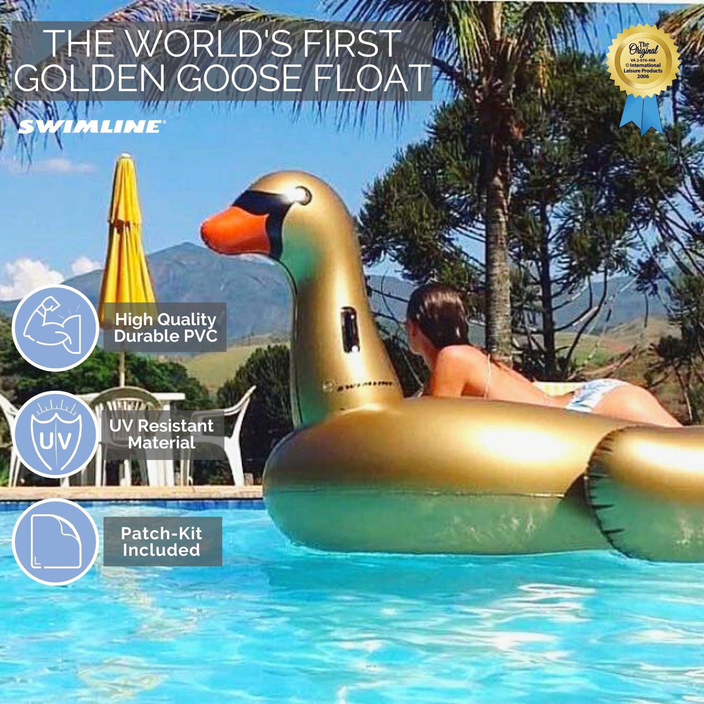 SWIMLINE Original Giant Ride On Inflatable Pool Float Lounge Series | Floaties W/Stable Legs Wings Large Rideable Blow Up Summer Beach Swimming Party Big Raft Tube Decoration Tan Toys for Kids Adults Golden Goose