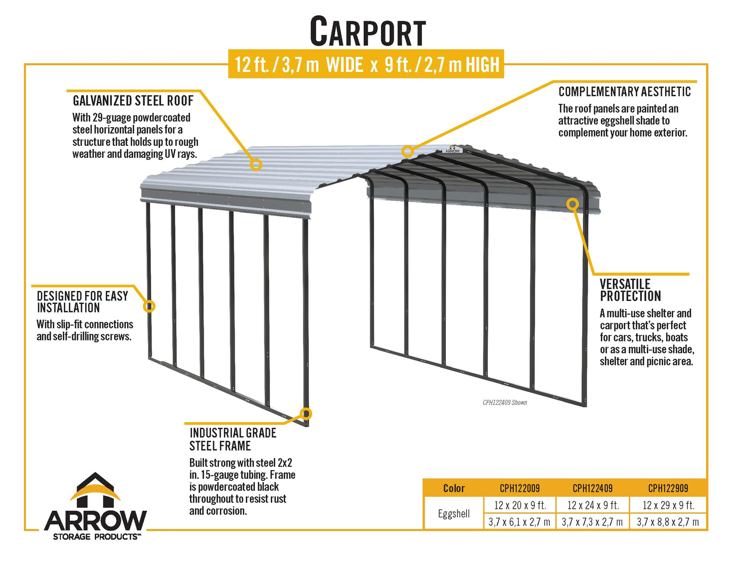 Arrow Carport, 12 ft. x 24 ft. x 9 ft. Eggshell 12' x 24' x 9'