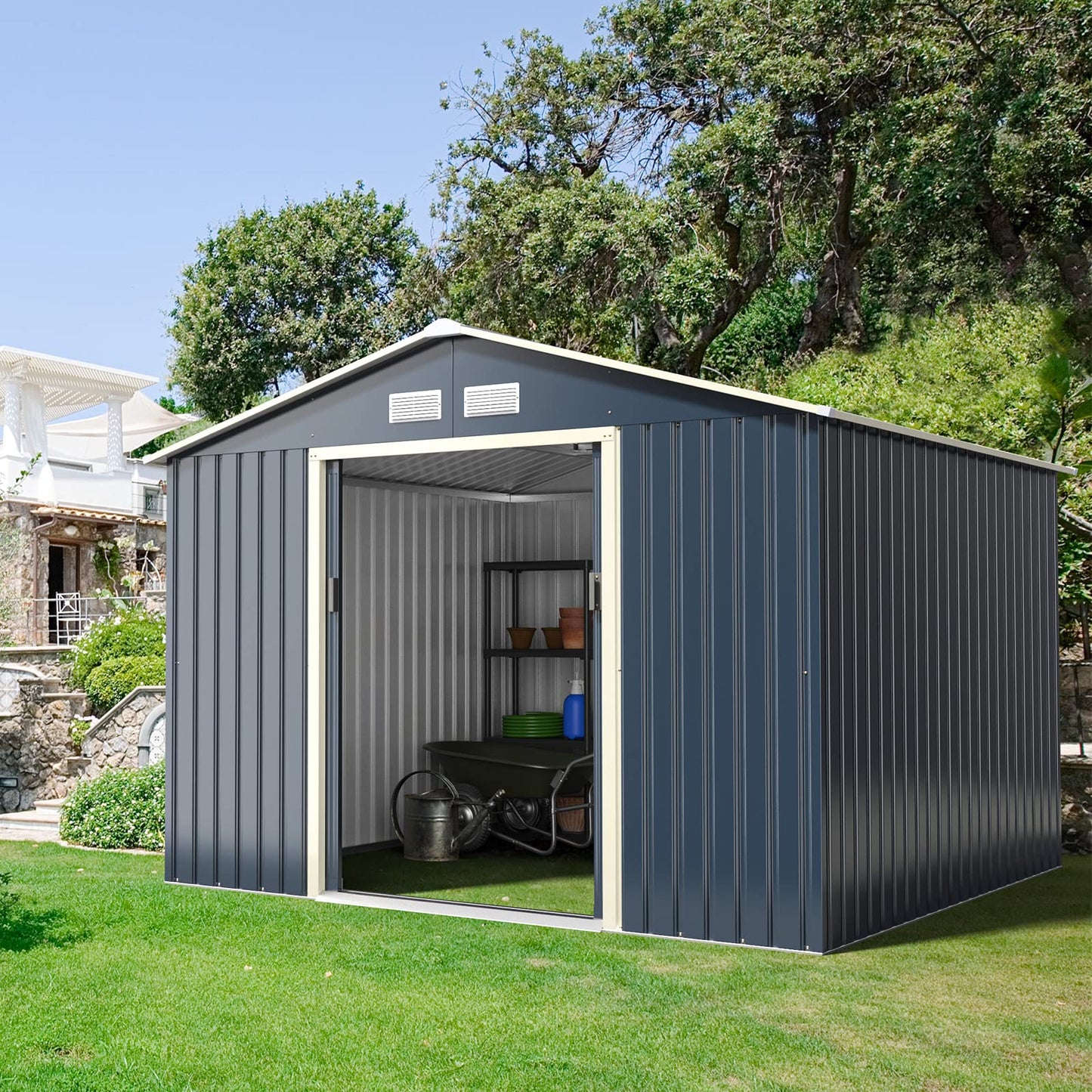 Goplus Abri de rangement en métal 9' X 8' Organisateur de bâtiment extérieur avec 4 aérations et double porte coulissante pour jardin, arrière-cour, ferme (9' X 8') 9' X 8'
