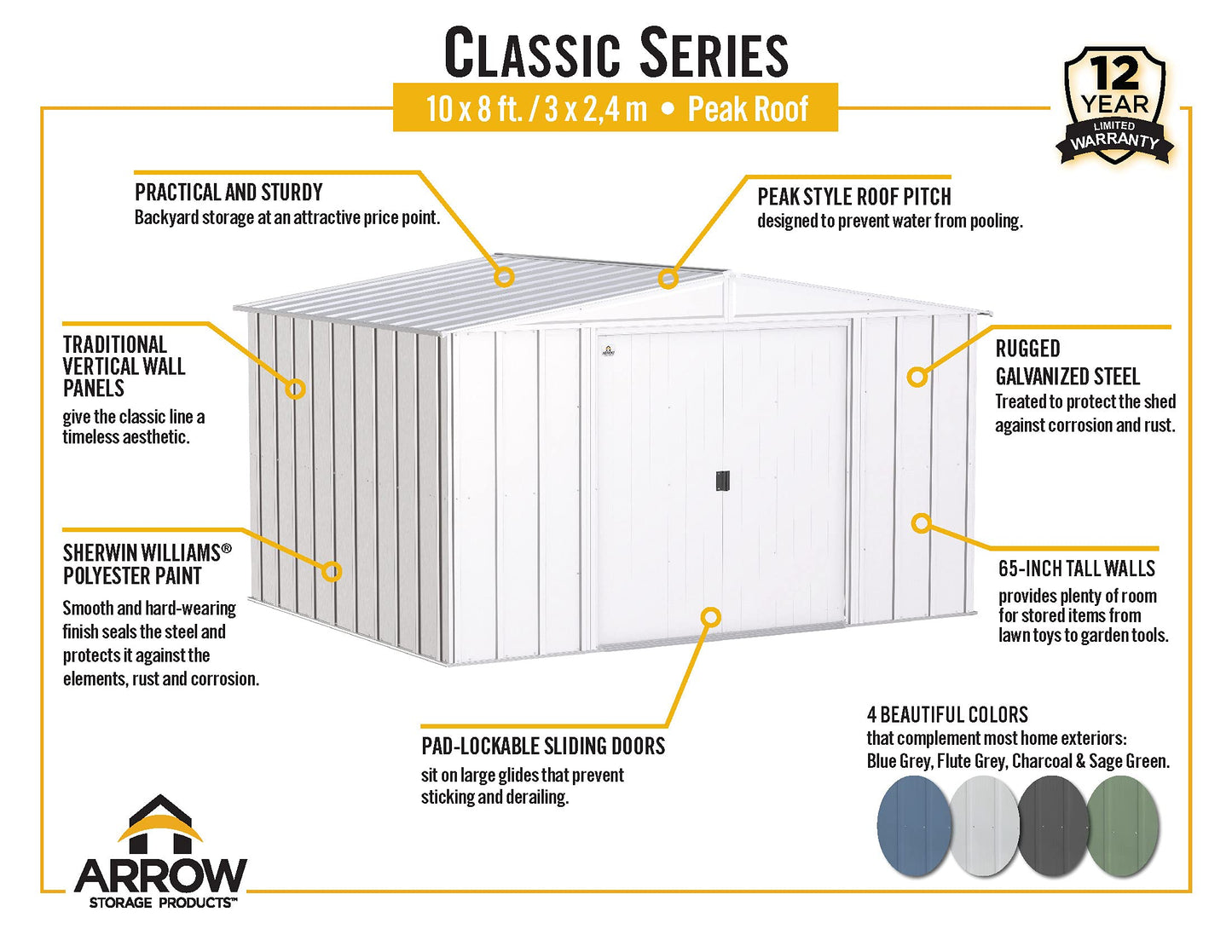 Arrow Shed Classic Hangar de rangement extérieur en acier cadenassable 10' x 8'