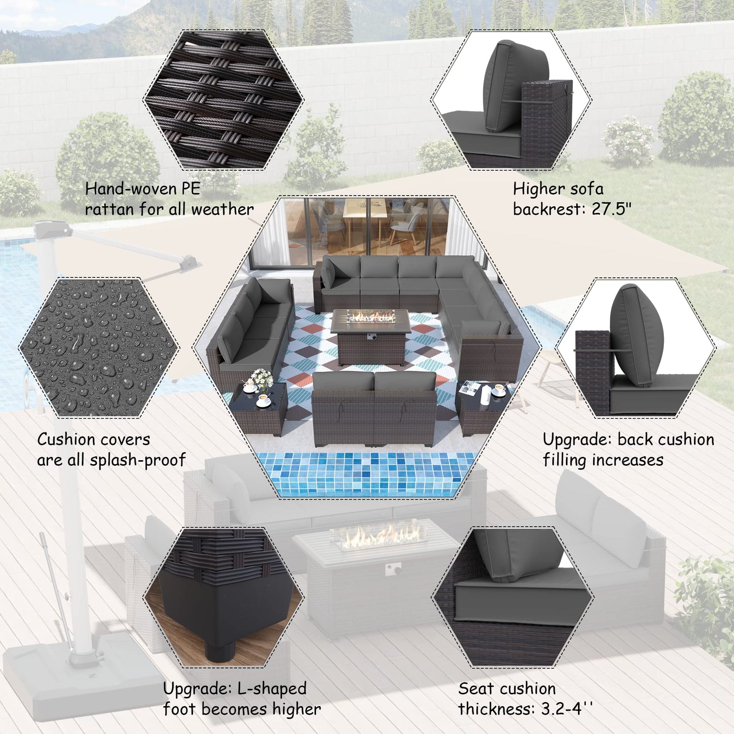 ALAULM 15 Pieces Outdoor Patio Furniture Set with Propane Fire Pit Table Outdoor Sectional Sofa Sets